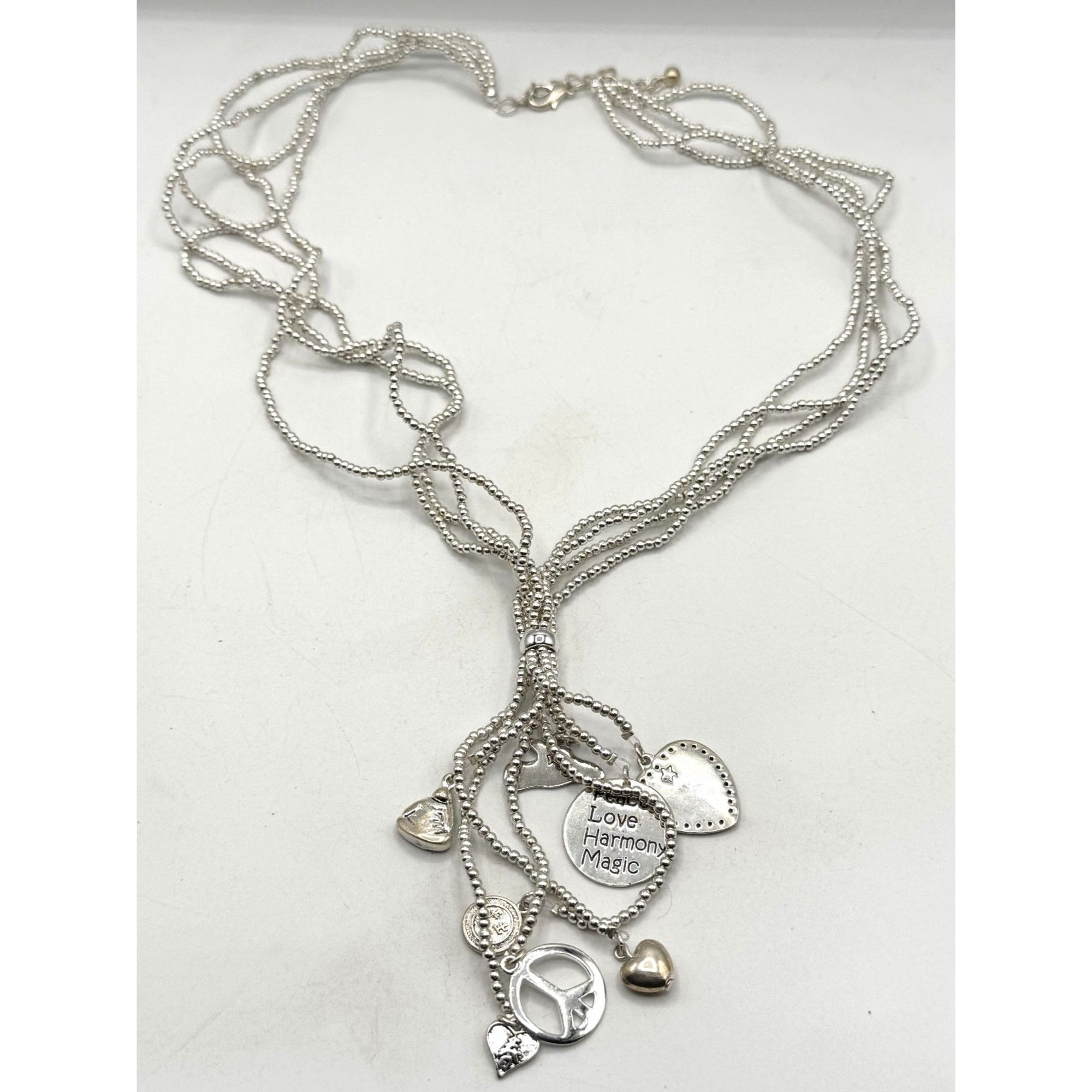 Vintage Beaded tassel silver tone peace love charm necklace Size ONE SIZE - 1 Thumbnail