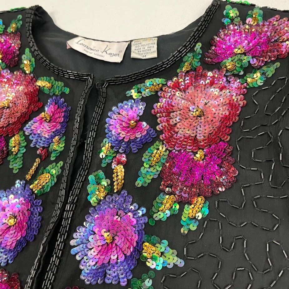 Vintage VINTAGE Laurence Kazar Jacket Top Womens M Black Silk Beaded Sequin Floral Party 90s Jacket Womens M Black Silk Beaded Sequin Floral 90s Size M / US 6-8 / IT 42-44 - 5 Thumbnail