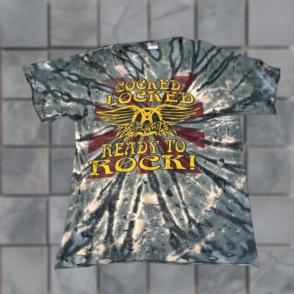 Gildan VINTAGE Aerosmith T Shirt Adult Medium Gray Tie Dye Cocked Locked Rock Tour Distressed M Mens Size US M / EU 48-50 / 2 - 1 Thumbnail