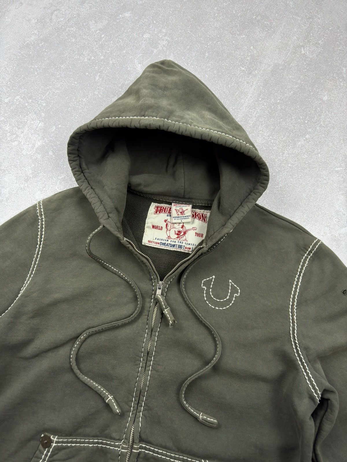 True Religion Vintage True Religion Zip Hoodie Big-T Khaki Washed Destroye Size US L / EU 52-54 / 3 - 16 Thumbnail