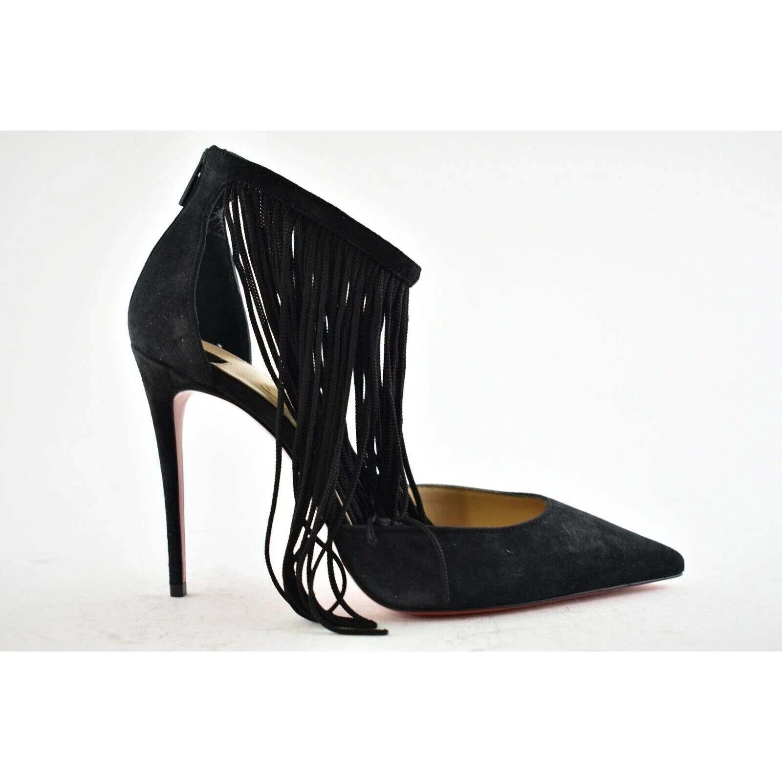 Christian Louboutin Courtain 100 Black Fringe Ankle Strap Sandal Heel Pump 36 Size US 6 / IT 36 - 2 Thumbnail
