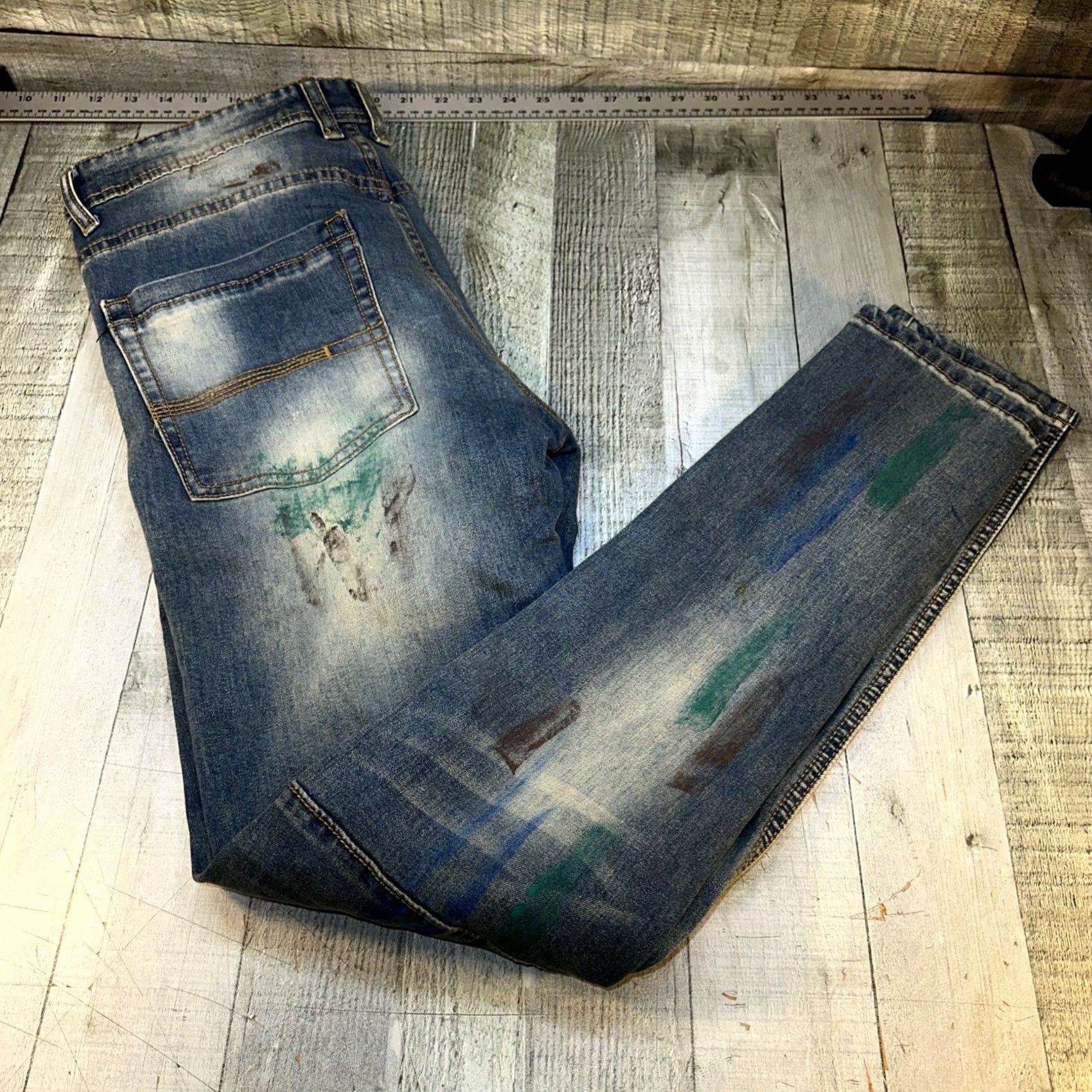 Vintage Switch Jeans Slim Taper Mens 32x32 Denim Distressed Splatter 5-Pocket Zipper Button Stretch Size US 32 / EU 48 - 2 Thumbnail