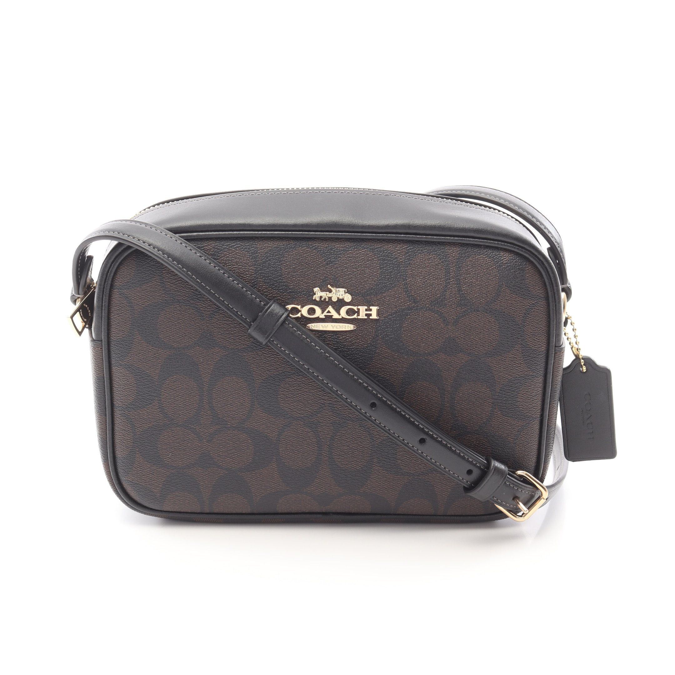 Coach Jamie Camera Bag Signature Shoulder Leather Dark Brown Black, Women's