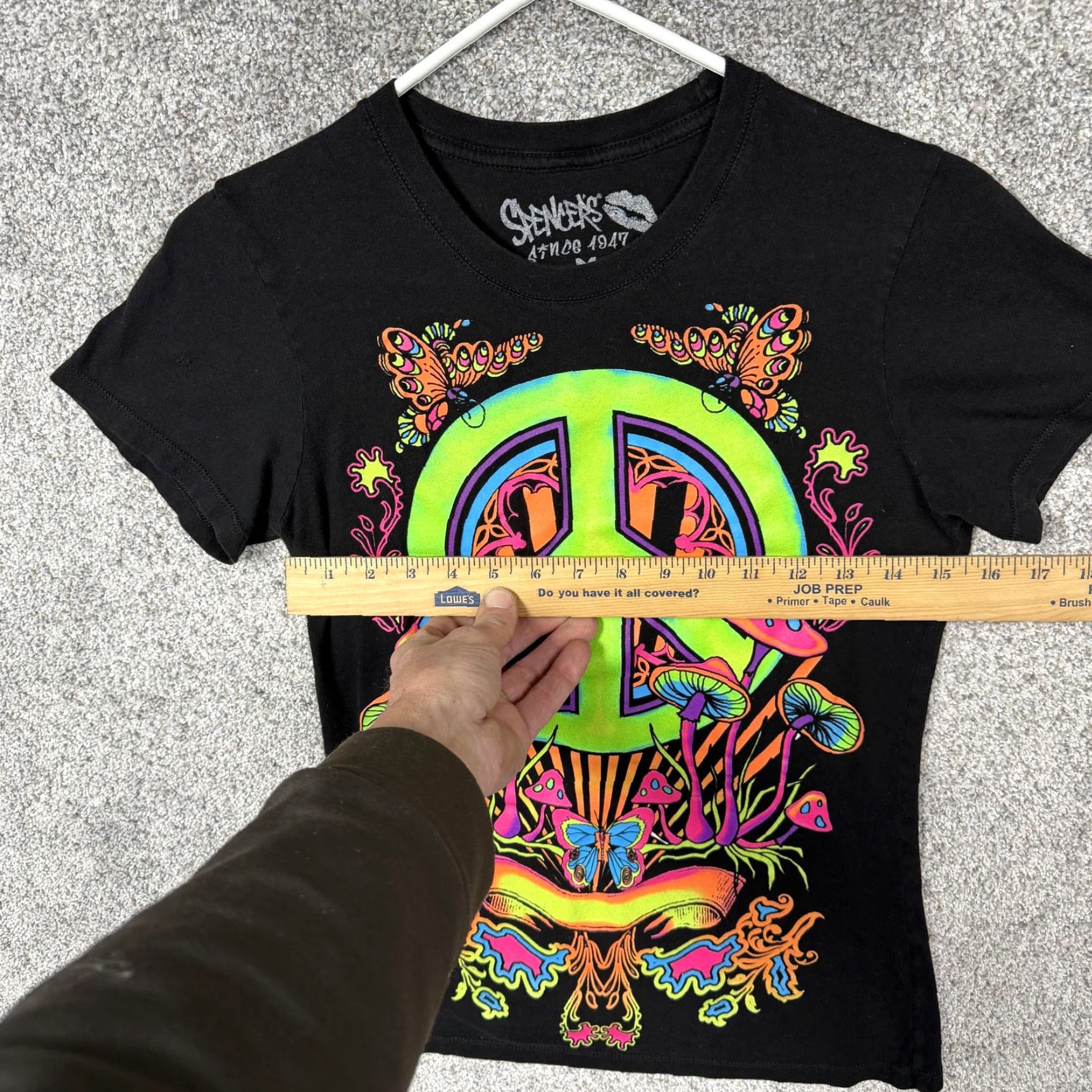 Vintage Spencers T-Shirt Juniors M Black Neon Peace Sign Psychedelic Hippie Festivalwear Size M / US 6-8 / IT 42-44 - 3 Thumbnail