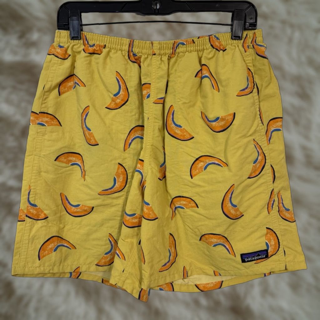 Patagonia Patagonia Swim Trunks Mens Sz M Yellow Orange Print Retro Style Lined Geometric Beach Surfing Bottom Shorts Size US 31 - 1 Thumbnail