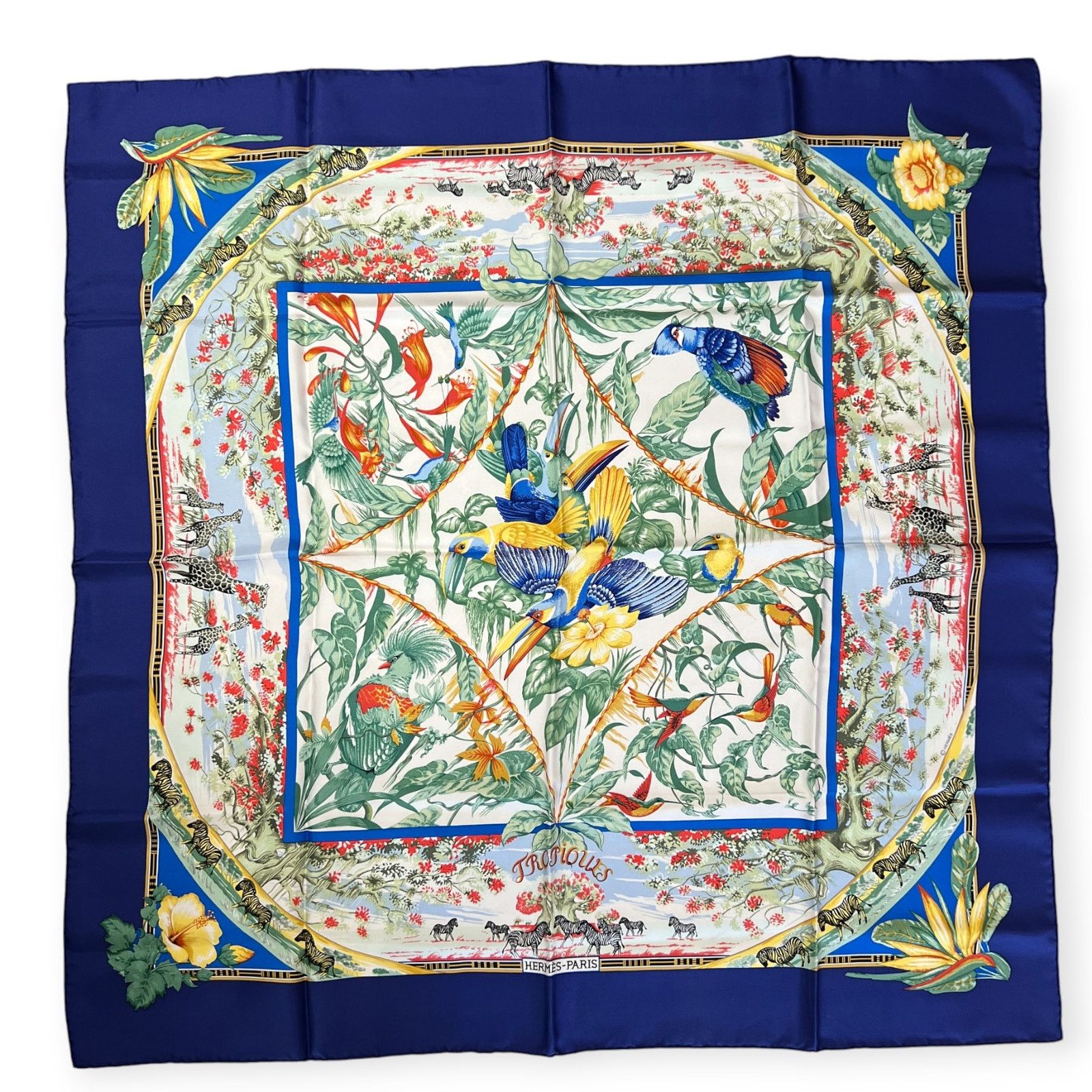 Hermes Hermes Tropiques 90 Silk Scarf Blue Tropical Bird Size ONE SIZE - 1 Thumbnail