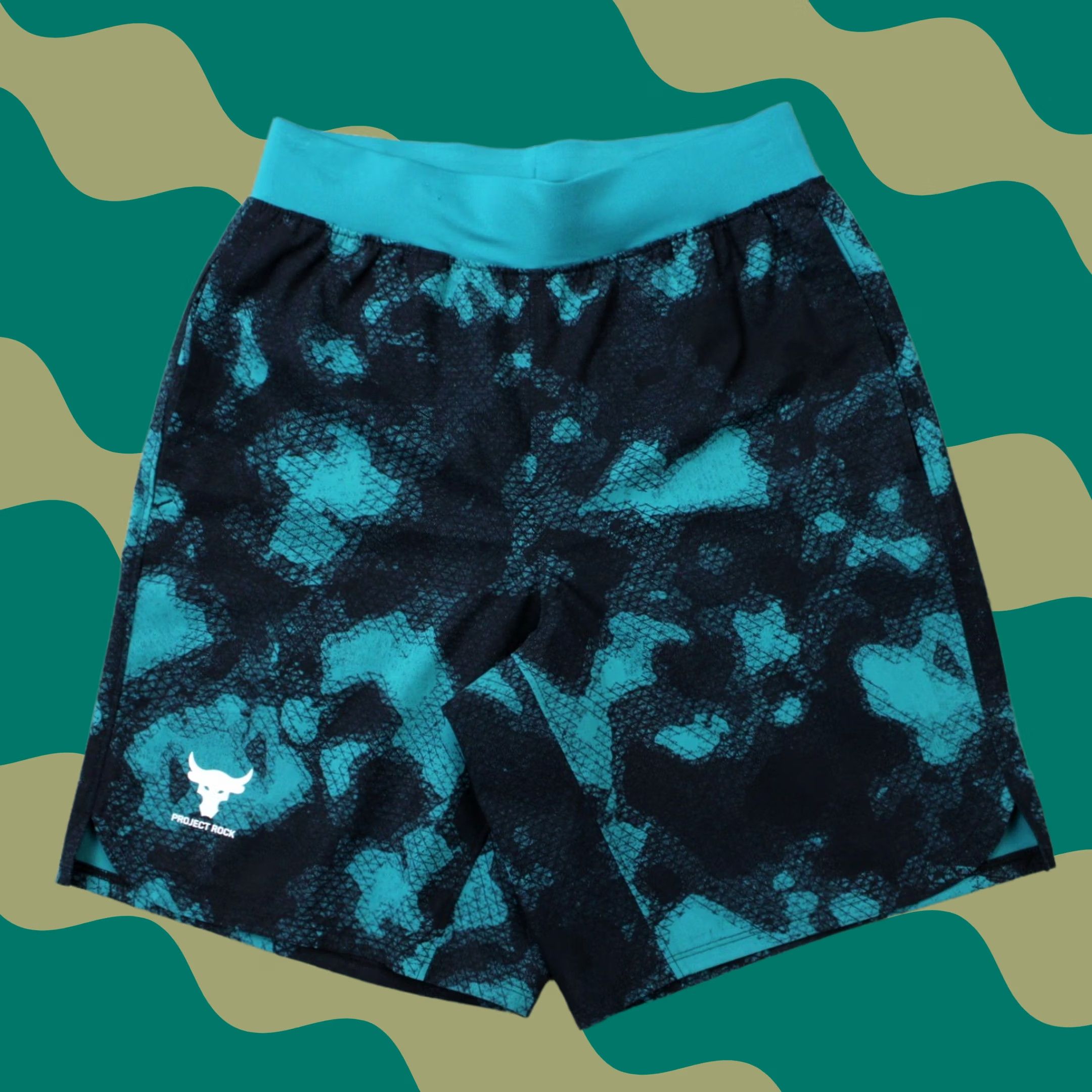 Under Armour Under Armour Project Rock Shorts Mens Small Blue Camo 9" Inseam Athletic Drawstring Pockets Regular Fit Size US 29 - 1 Thumbnail