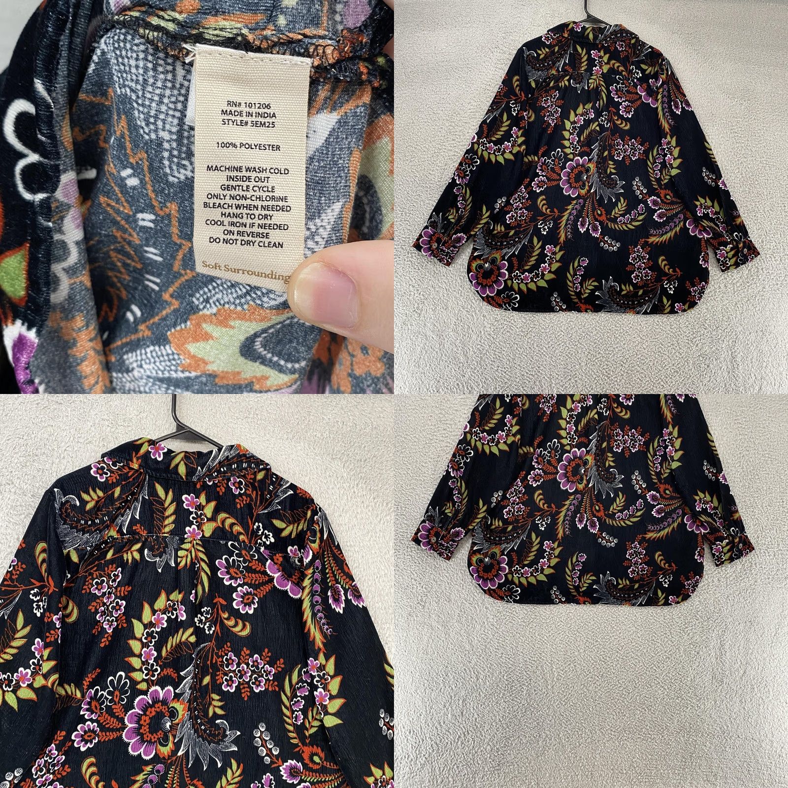 Soft Surroundings Soft Surroundings Velvet Top Womens 1X Floral Button Up Blouse Boho Black Velvet Button-Up Tunic Long Sleeve Size XL / US 12-14 / IT 48-50 - 8 Thumbnail
