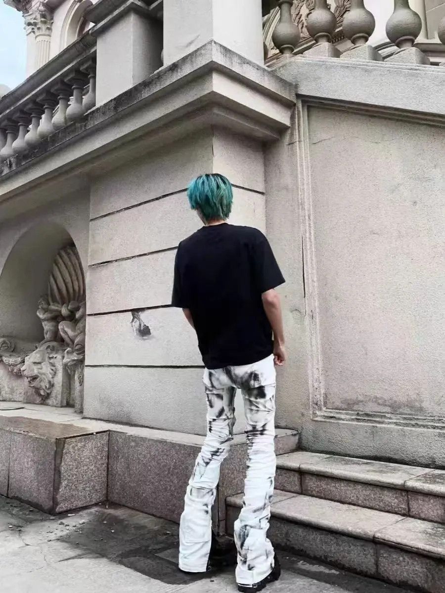 Japanese Brand White Irregular Frayed Stacked Hip Hop Street Jeans Size US 32 / EU 48 - 2 Thumbnail