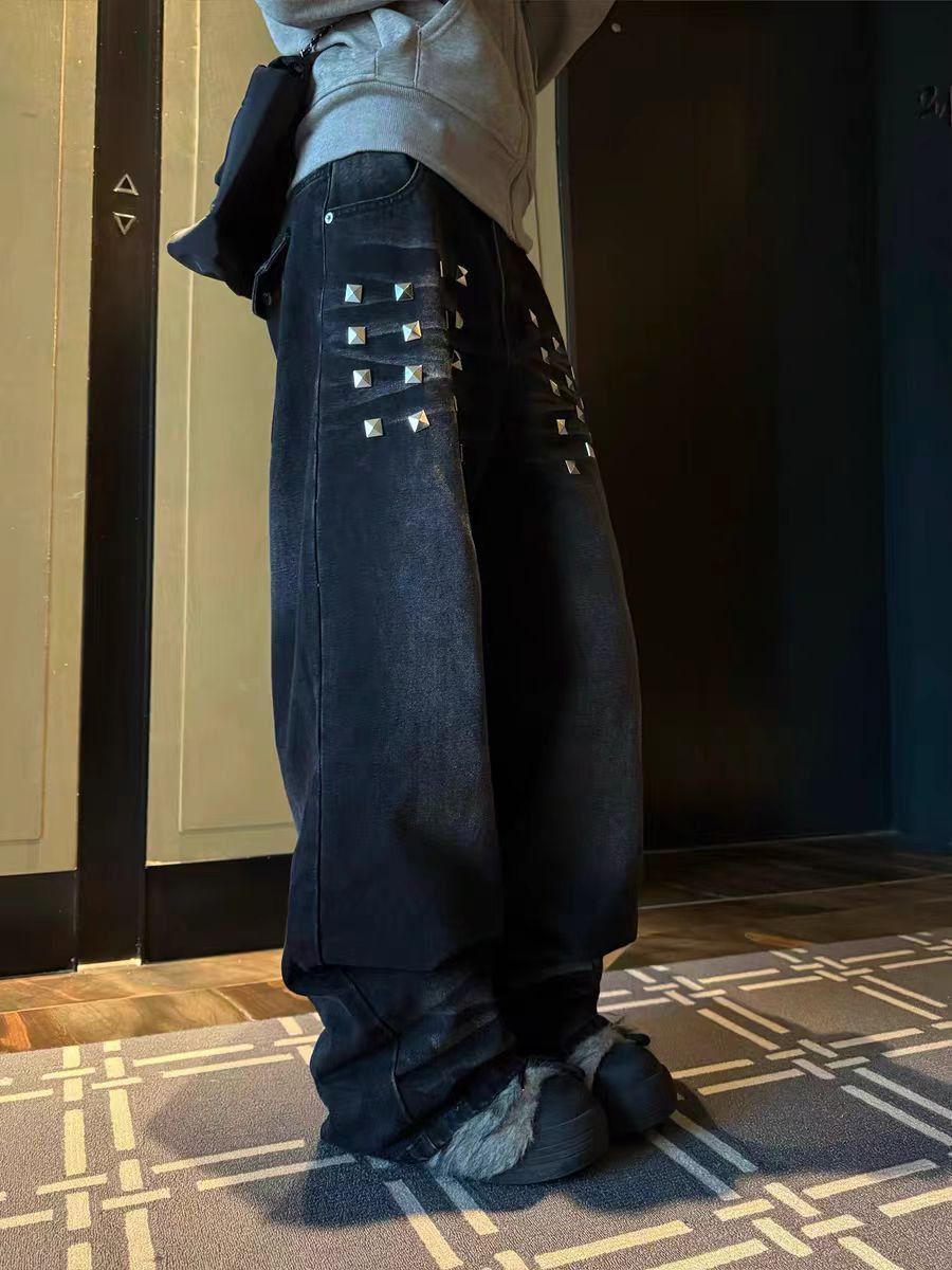 Jean Black Rivet Design Wide-Leg Jeans Size US 34 / EU 50 - 3 Thumbnail