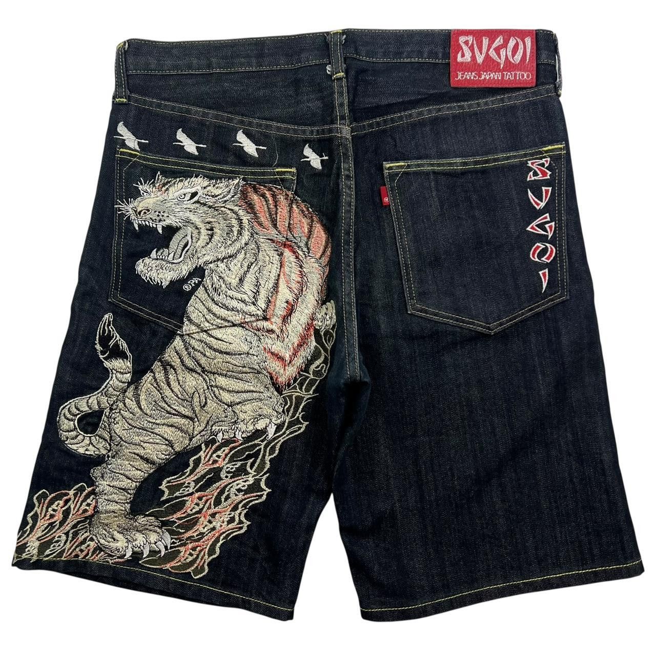 Japanese Brand Sugoi Embroidered Dragon Japanese Denim Shorts - Waist 36 Size US 36 / EU 52 - 1 Thumbnail