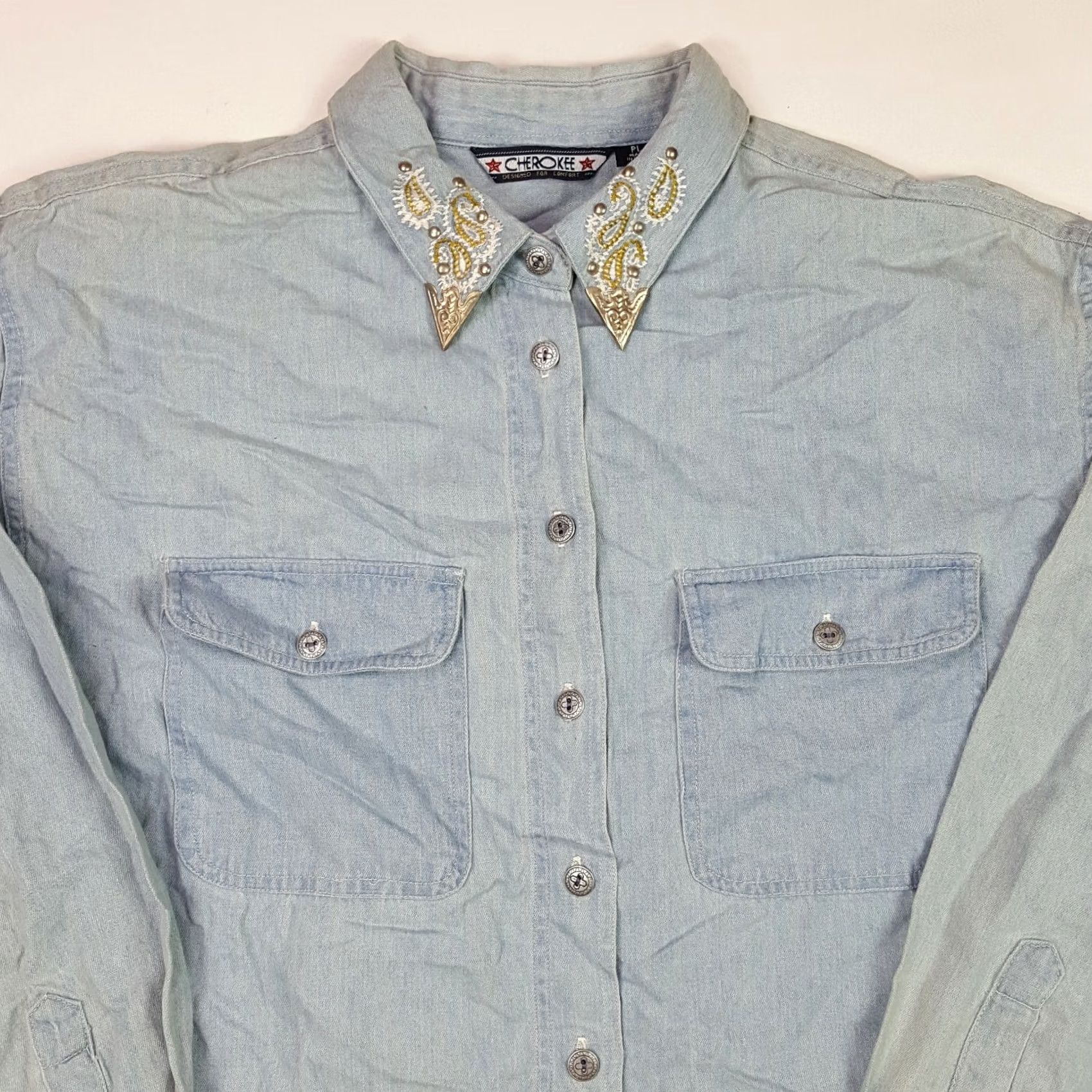 Denime VINTAGE Western Denim Shirt Women Long Sleeve Button-Up Southwestern Rivet 80s 90s Casual Blue Mens Girls Size L / US 10 / IT 46 - 3 Thumbnail