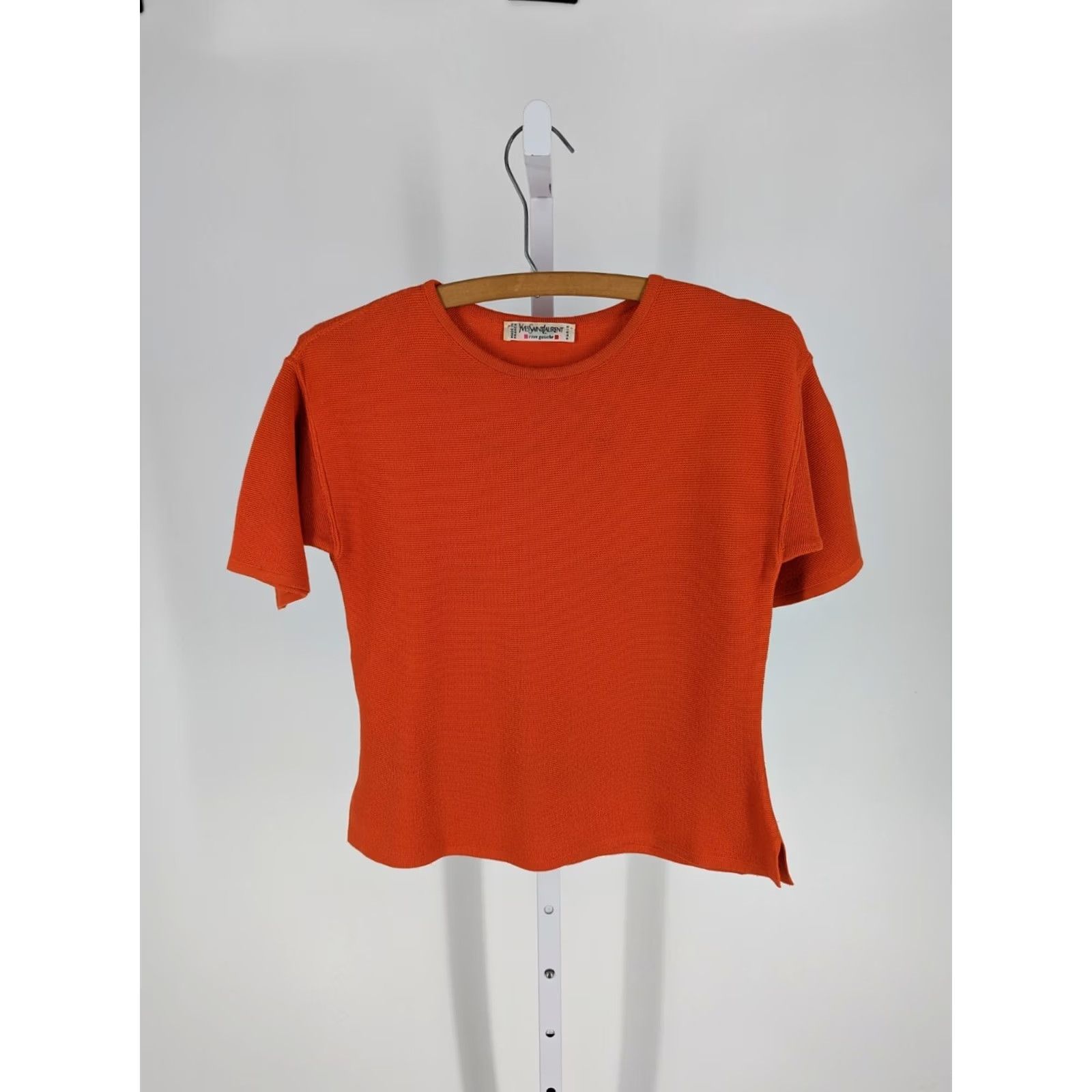 Yves Saint Laurent VINTAGE Yves Saint Laurent Rive Gauche 90s Shirt Blouse - Orange Red Knit Cotton SS Top Women 38 Size XS / US 0-2 / IT 36-38 - 4 Thumbnail