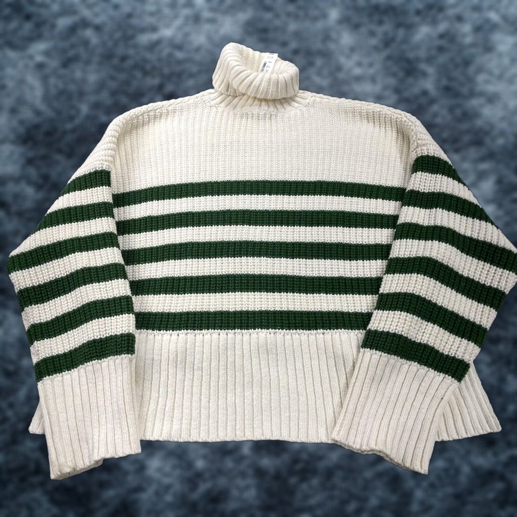 Madewell Madewell Sweater Womens Large White Green Stripe Turtleneck Oversized Knit Shirt Size L / US 10 / IT 46 - 1 Thumbnail