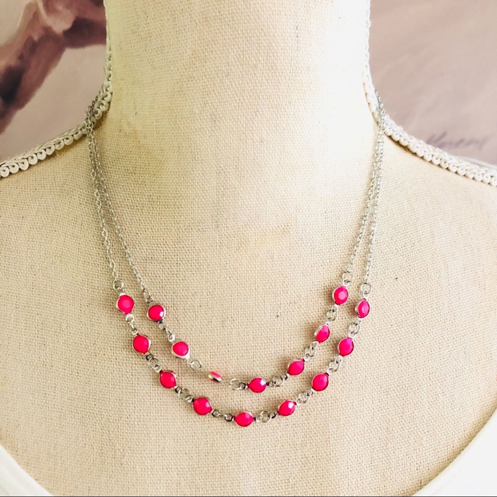 Jewelry Double strand layered framed pink gem chain necklace Size ONE SIZE - 1 Thumbnail