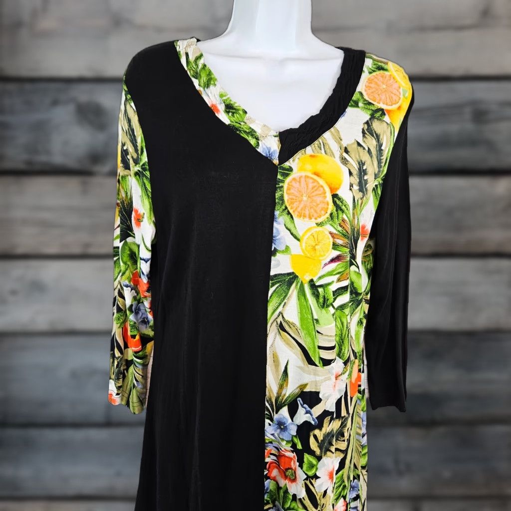 Vintage Parsley & Sage Womens Blouse Tunic 3/4 Sleeve V-Neck Floral Black Yellow Sz M Size M / US 6-8 / IT 42-44 - 1 Thumbnail