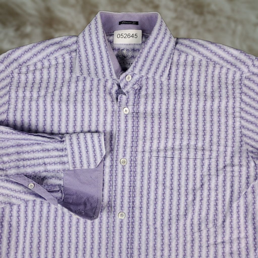 BUGATCHI VINTAGE Bugatchi Uomo Mens Shirt Size Medium Long Sleeve Collared Cotton Button Up Purple Striped Classic Fit Size US M / EU 48-50 / 2 - 1 Thumbnail