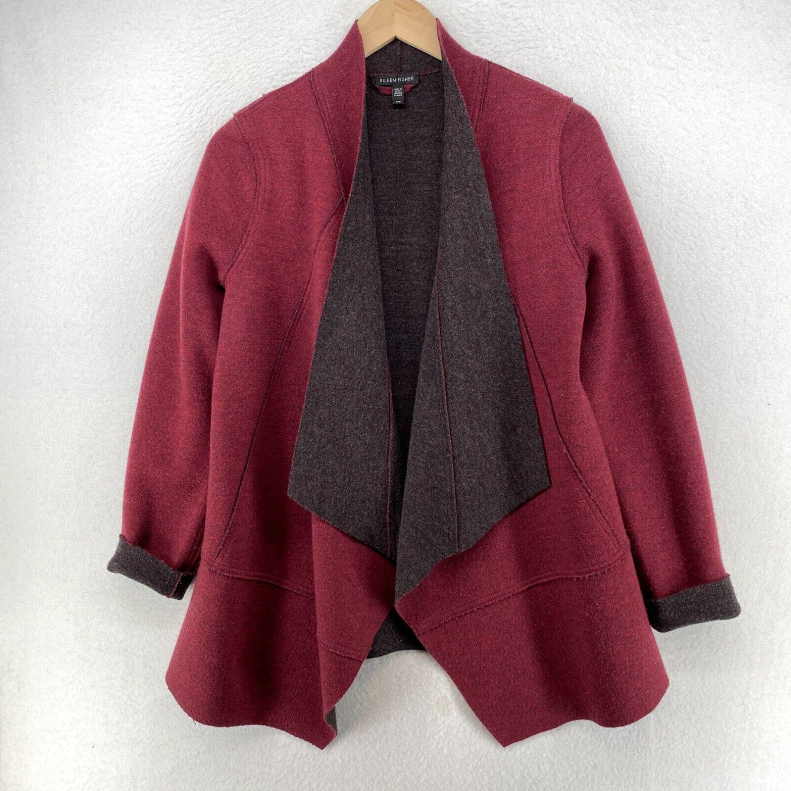 image of Eileen Fisher Jacket S Double Faced Merino Wool Open Front Draped Burgundy Gray in White, Women's (