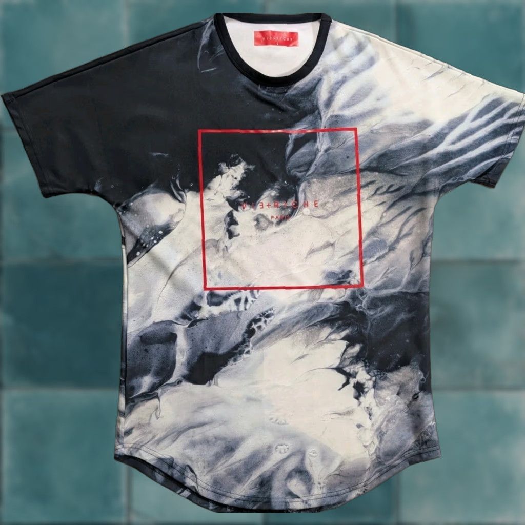 Vintage Vie + Riche Paris T-Shirt Men’s L Black White AOP Marble Smoke City Designer Hip Hop Paris Short Sleeve Crew Neck Polyester Size US L / EU 52-54 / 3 - 1 Thumbnail