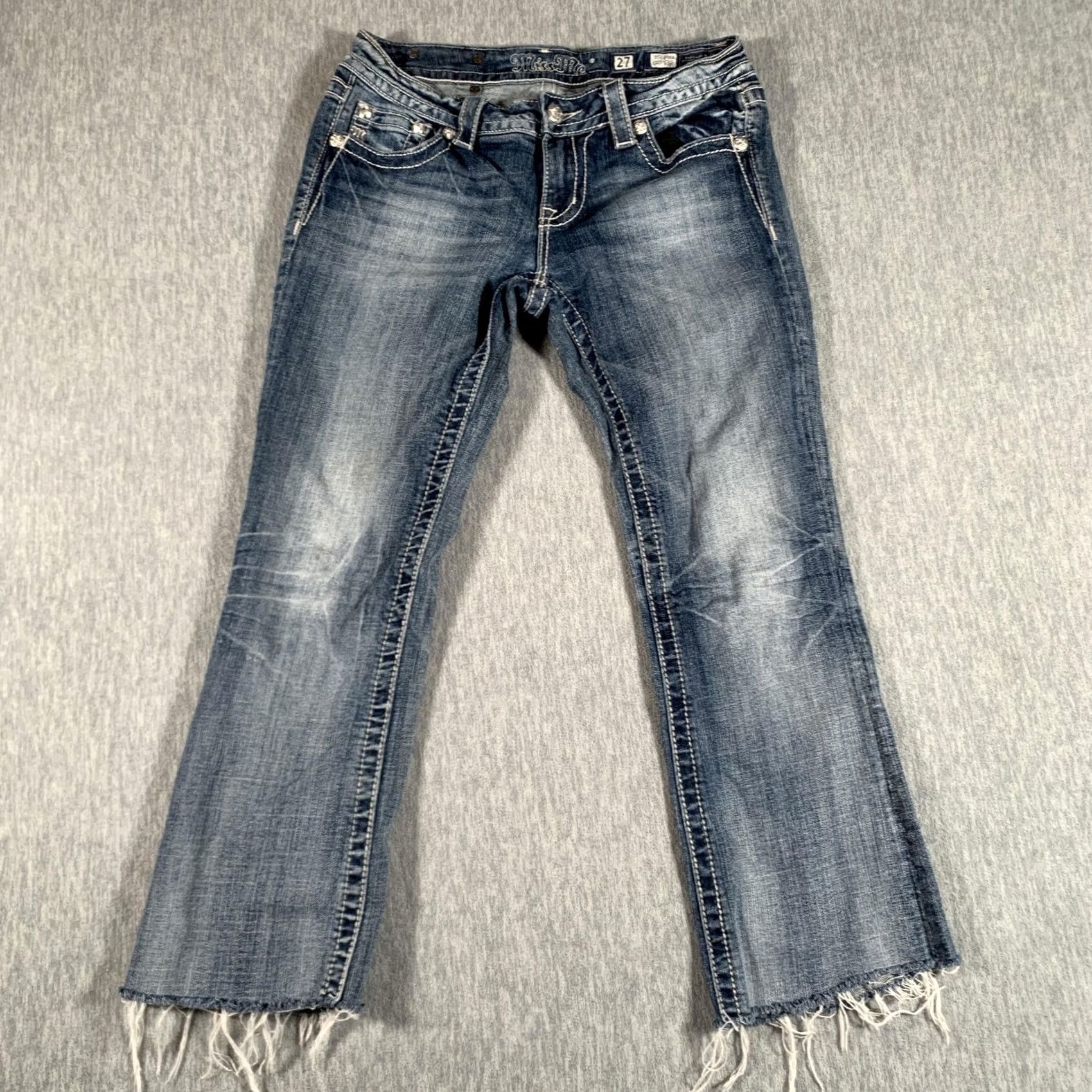 Miss Me Miss Me Jeans Womens 27 Bootcut Denim VTG 17C Embellished Buckle Rhinestone Embroidered Pocket Distressed Low Rise 31in Inseam Easy Boot Size 27" / US 4 / IT 40 - 2 Thumbnail