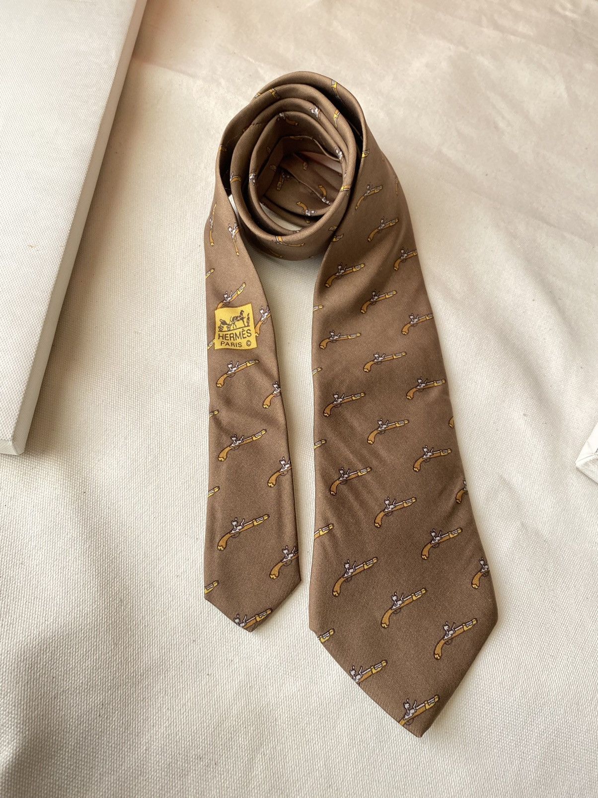 image of Hermes Vintage Gun Tie in Brown, Men's