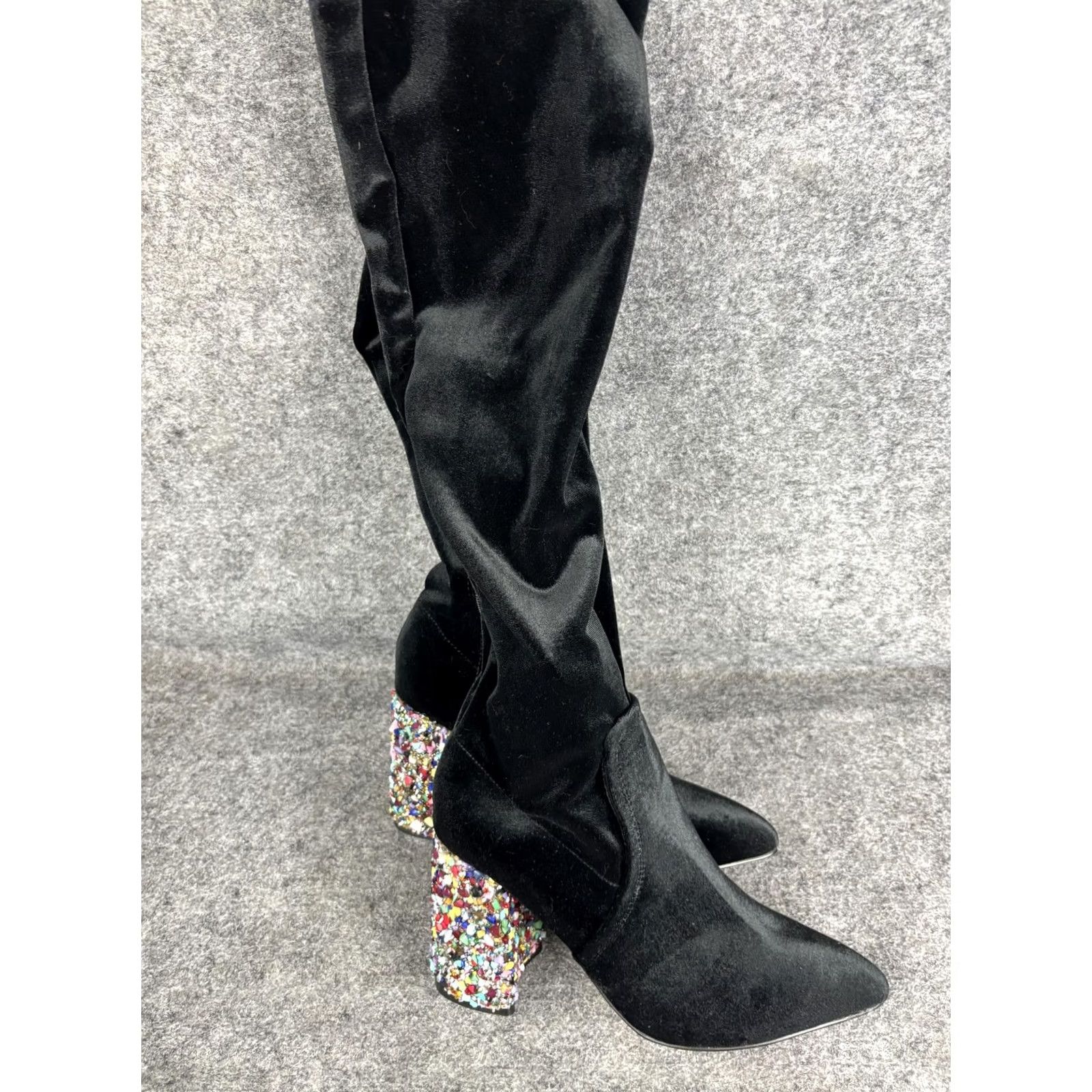 Betsey Johnson VINTAGE Betsey Johnson Boots Womens 7.5 Black Velvet Over Knee Jeweled Block Heel Size US 8 / IT 38 - 3 Thumbnail