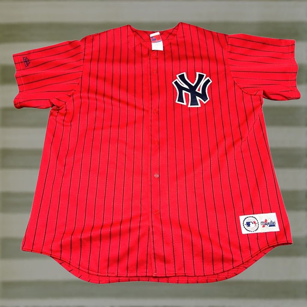 MLB VINTAGE Majestic Mens 2XL Red New York Yankees MLB Baseball Pin Stripe Jersey USA Size US XXL / EU 58 / 5 - 1 Thumbnail