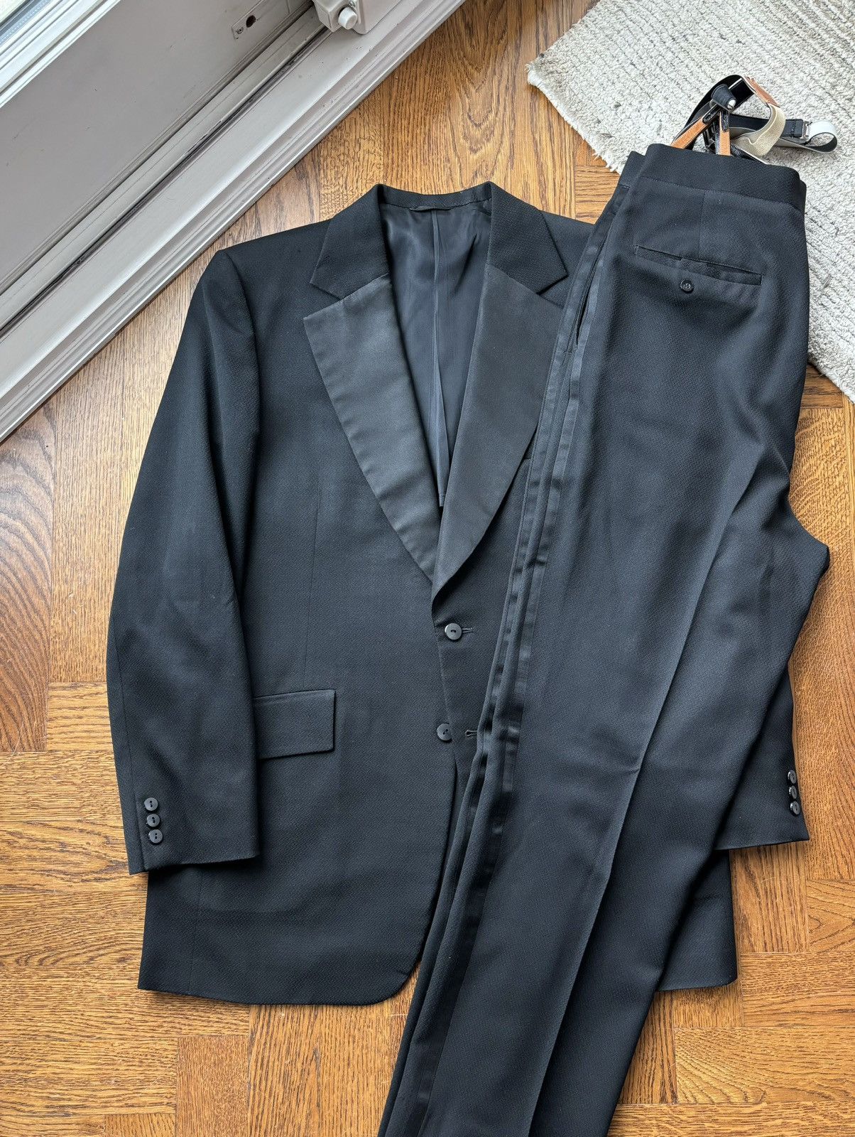 Vintage 1970s Two Piece Suit Vintage Suspender Pants Satin Lapel Size 50R - 1 Thumbnail