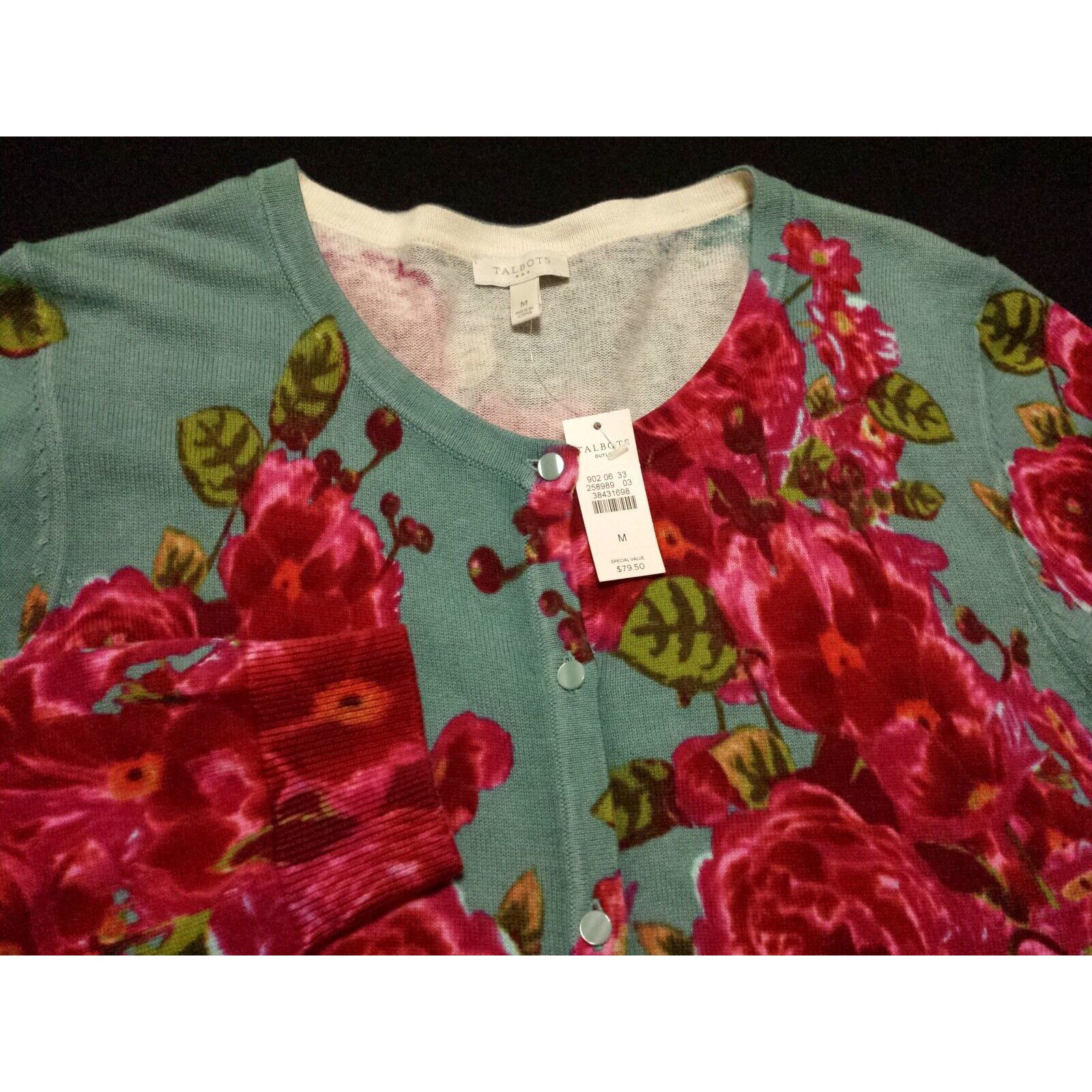 TALBOTS Women's Size M Medium Sweater Cardigan 3/4 Sleeve Floral