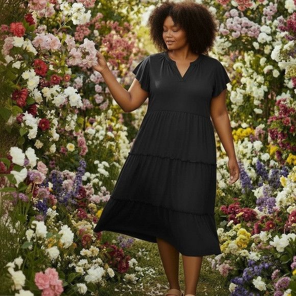 Lucky Brand NWT New Lucky Brand Black Rayon Tiered Flutter Short Sleeve Size 3XL / US 20-22 - 1 Thumbnail