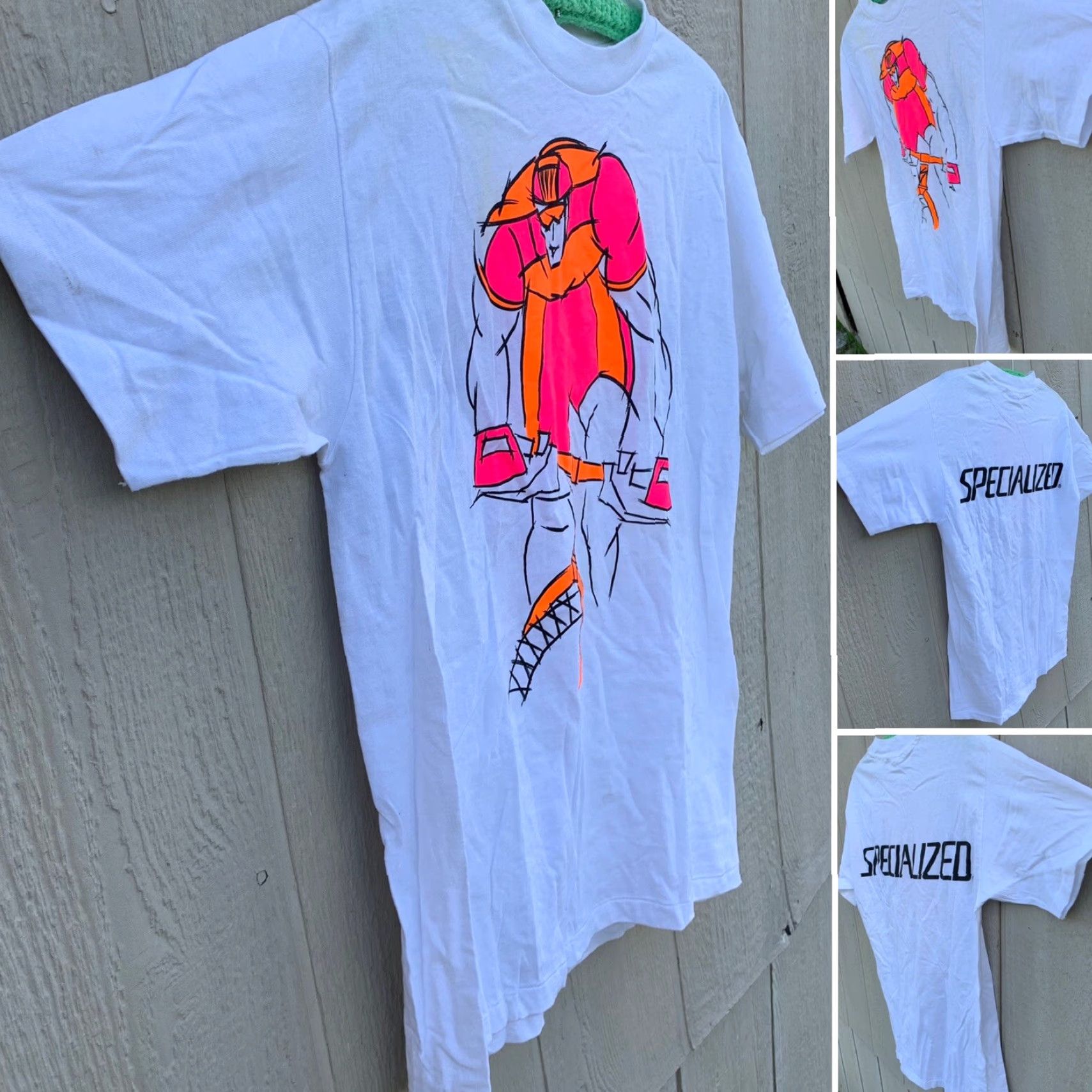 Hanes vintage Specialized t shirt cycling neon graphics Tee 1980s 80s 90s size L Men White Cotton Graphic Tee Hanes Regular Short Sleeve - Mens Size US L / EU 52-54 / 3 - 2 Thumbnail