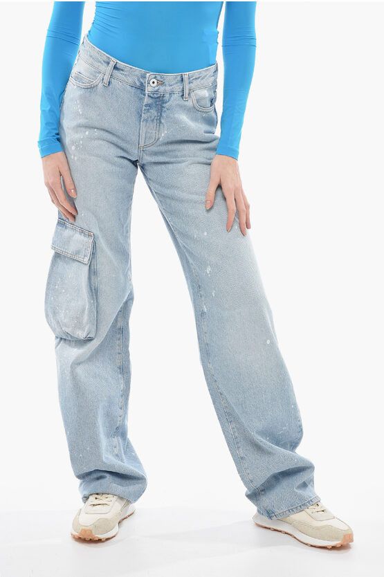image of Off White Paint Effect Toybox Straight Fit Jeans 23 Cm in Blue, Women's (Size 24)