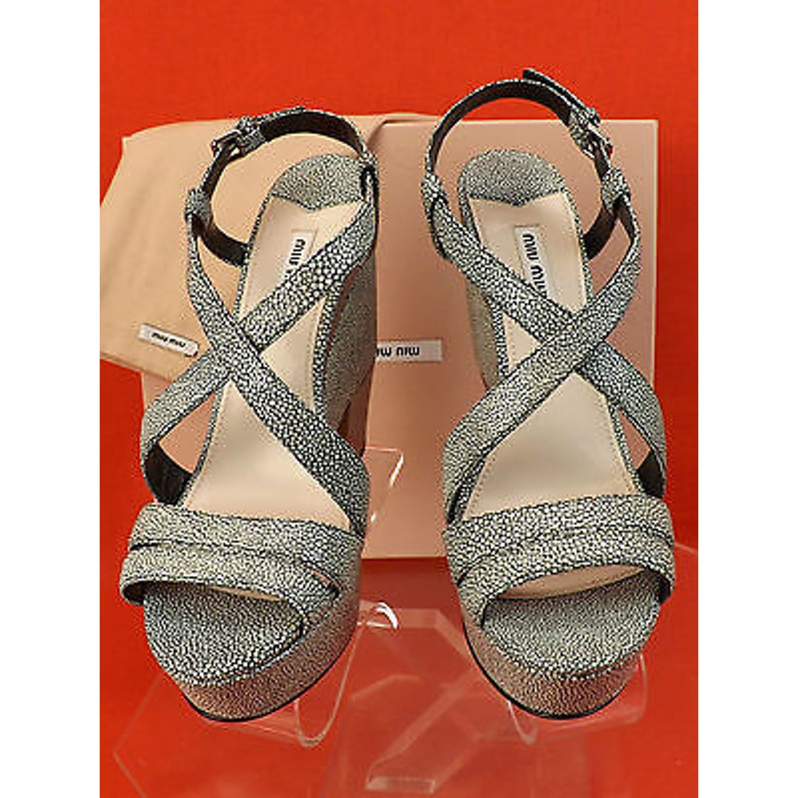 Miu Miu STINGRAY PEBBLE LEATHER METAL HEEL PLATFORM SANDALS 41 $750 Size US 11 / IT 41 - 2 Thumbnail