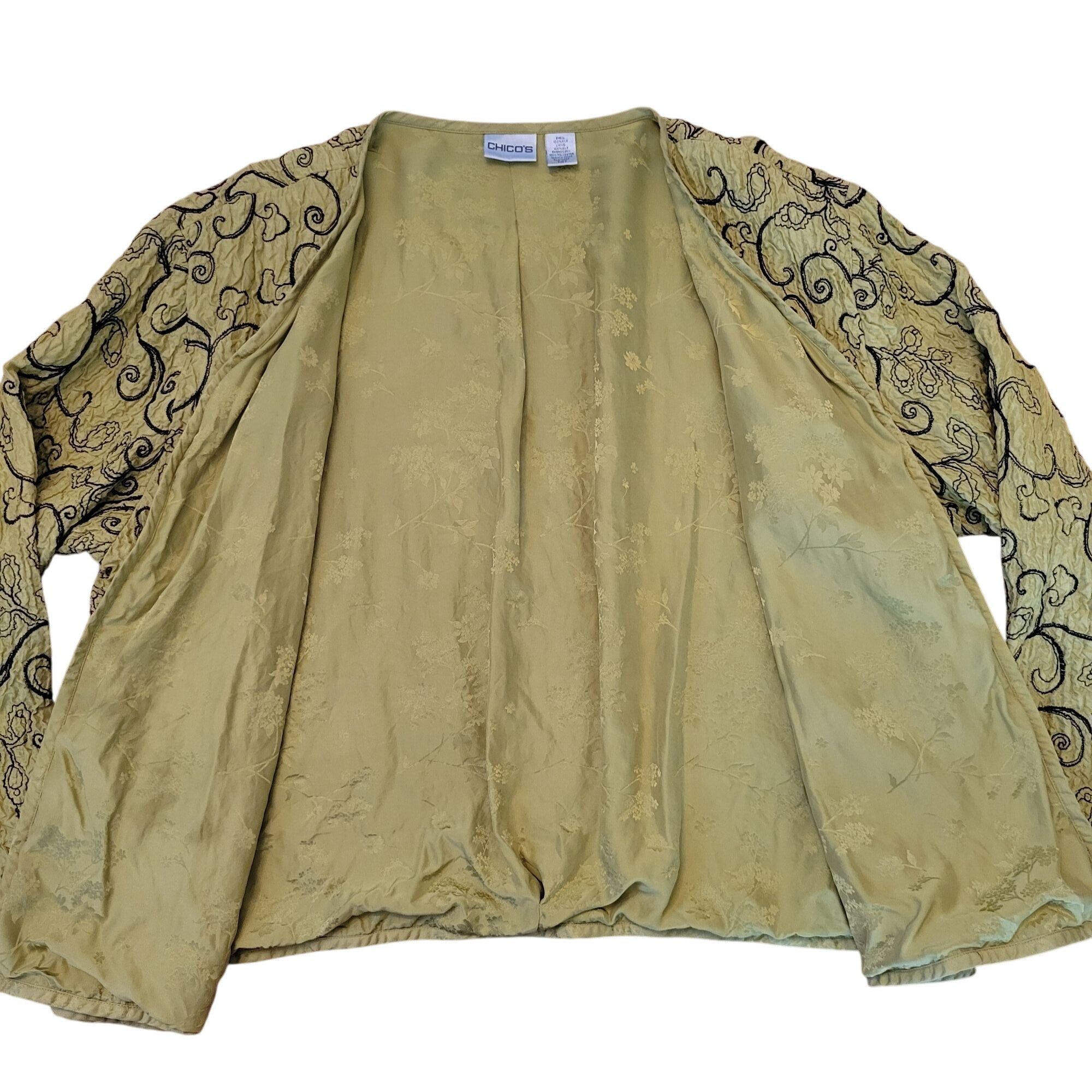 Chicos Chicos 3 Green Black Silk Embroidered Open Front Jacket XL 1 Size XL / US 12-14 / IT 48-50 - 5 Thumbnail