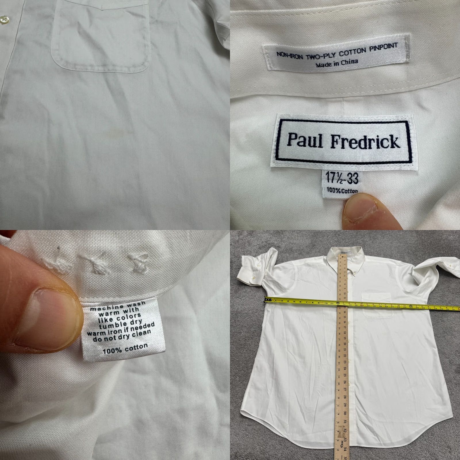 Vintage Paul Fredrick Dress Shirt Mens 17.5 33 White Cotton Non-Iron Pinpoint Two-Ply Classic Size 48R - 8 Thumbnail
