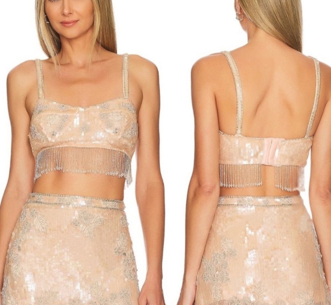 image of NWT Loveshackfancy Maeva Beaded Fringe Crop Top Size 8 in Peach, Women's