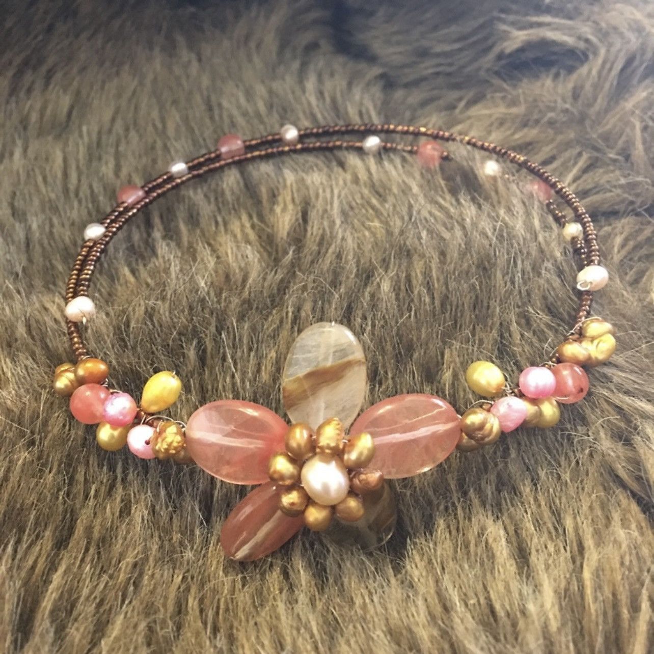 Handmade Handcrafted elegant cherry quartz genuine pearl necklace Size ONE SIZE - 6 Thumbnail