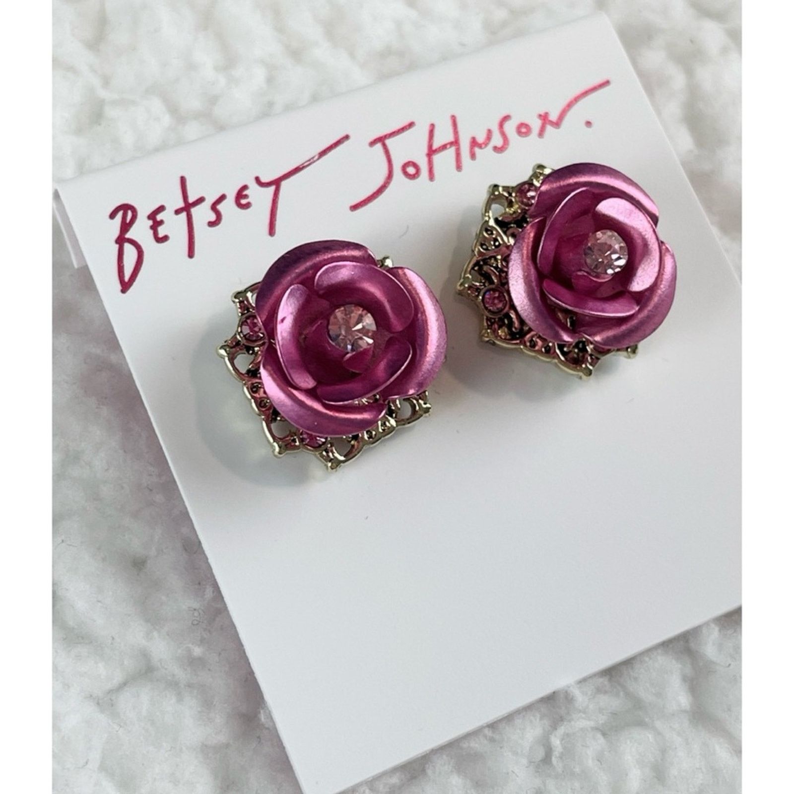 Betsey Johnson BETSEY JOHNSON • Pink/Gold Rose Rhinestone Stud Earrings Size ONE SIZE - 4 Thumbnail
