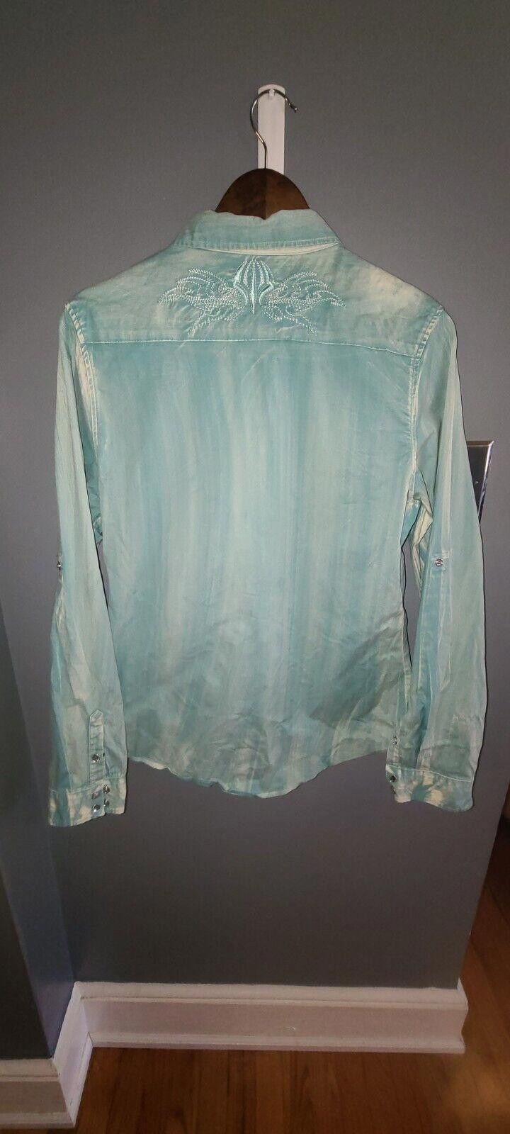 Designer Cowgirl Legend Vtg Western Rhinestone Teal Fade Large Size L / US 10 / IT 46 - 6 Thumbnail