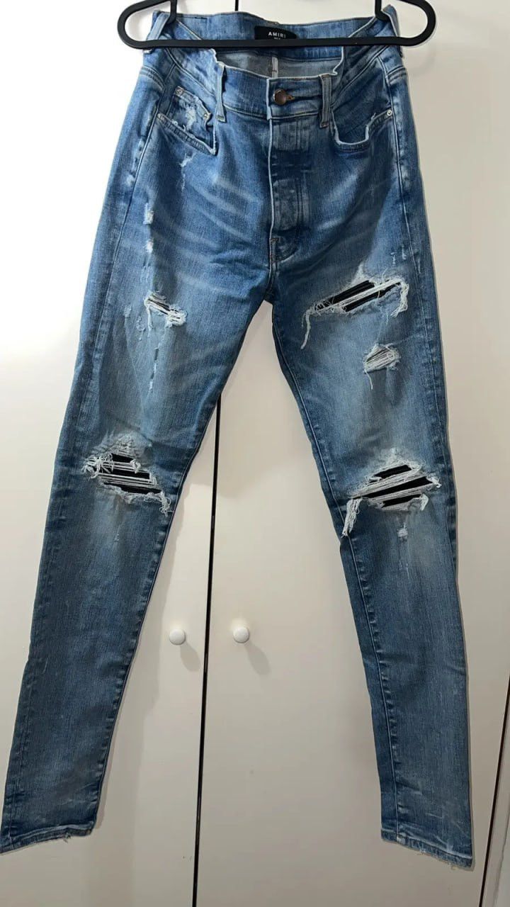 Amiri Amiri MX1 black leather patch denim skinny jeans Size US 32 / EU 48 - 1 Thumbnail