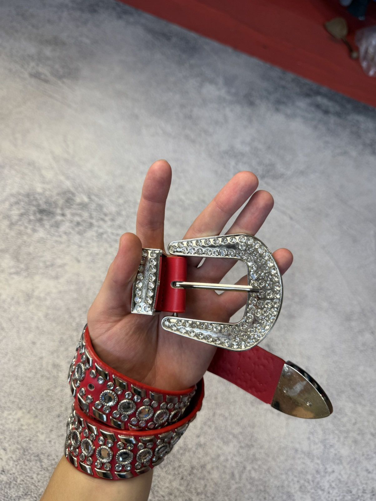 Y2k 2000s BB Simon Type Red Rhinestone Crystal Belt