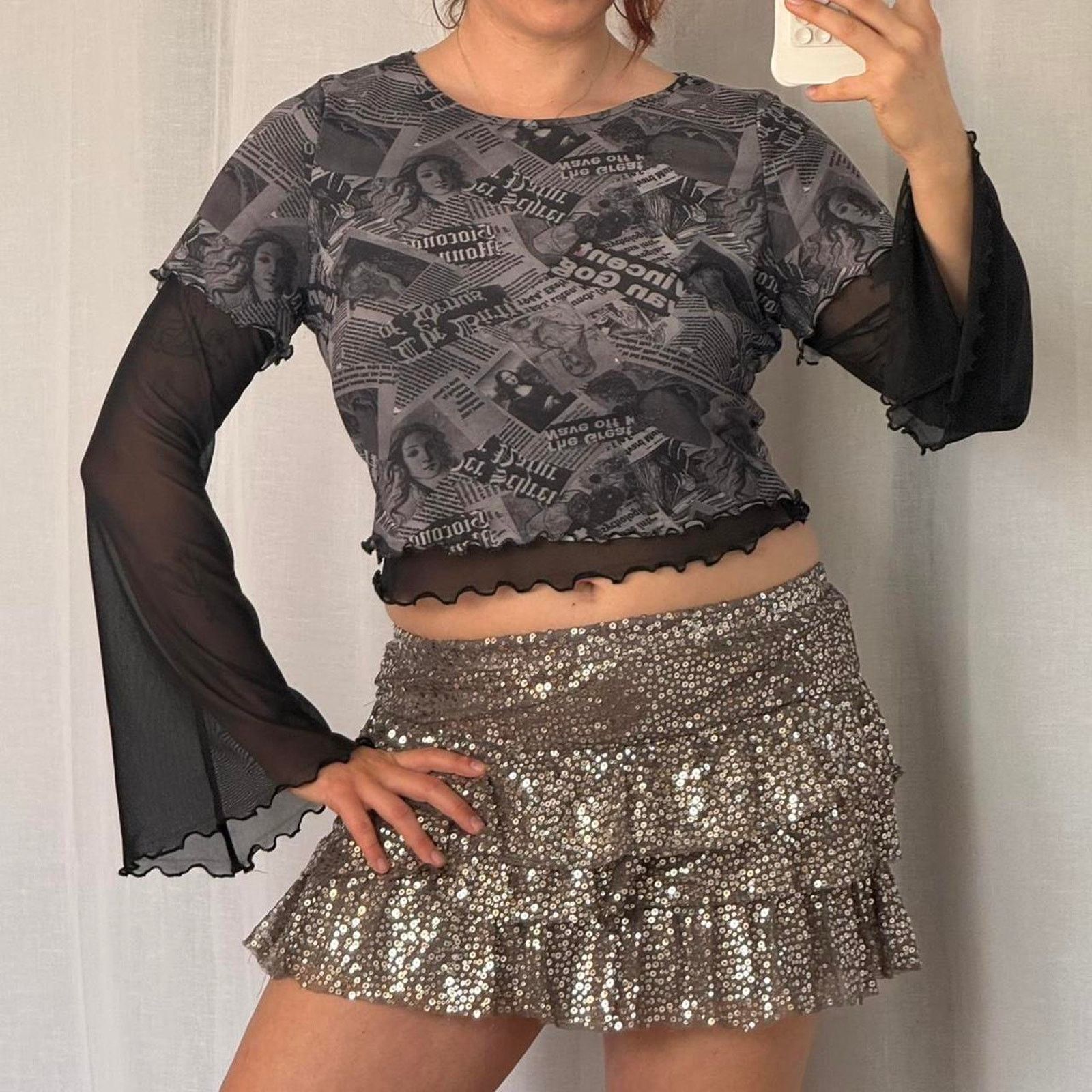 Other mesh newspaper graphic bell sleeve top ✧ Size L / US 10 / IT 46 - 2 Thumbnail