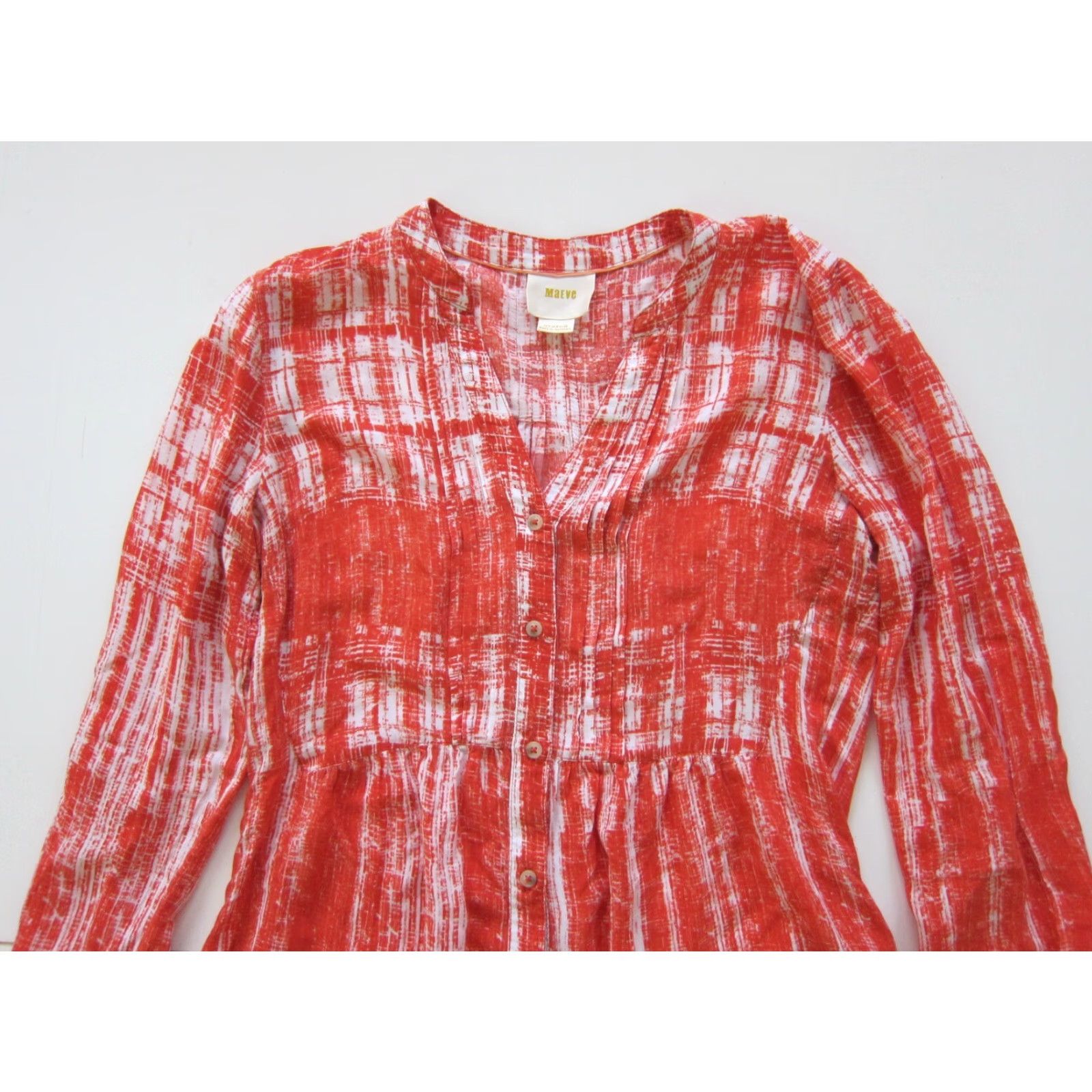 Vintage Maeve Blouse 100% Rayon Orange White Tie Dye Button Down Long Sleeve Women Size 4 Size S / US 4 / IT 40 - 7 Thumbnail