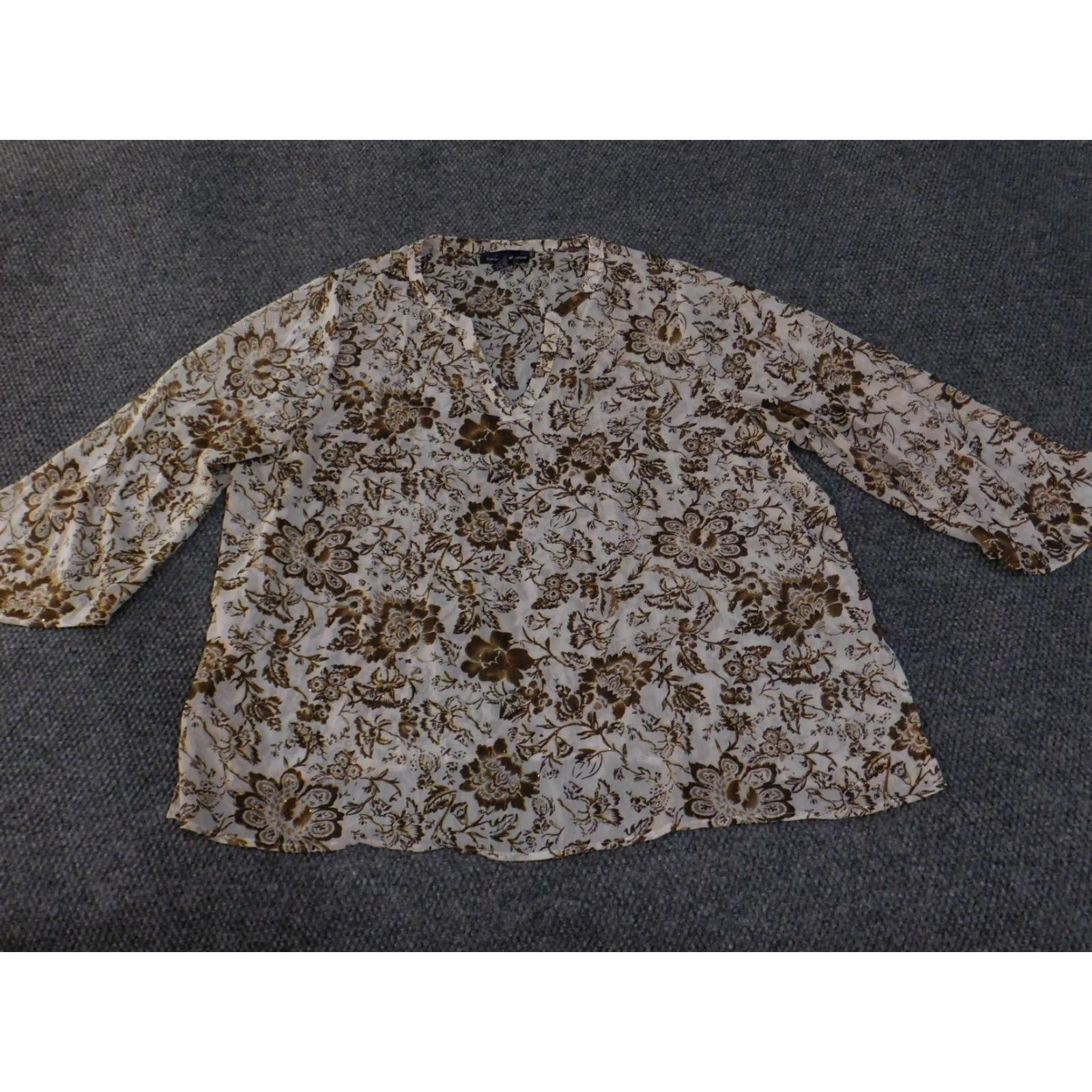 Vintage Susan Graver Shirt Womens 3X Brown Floral Tunic 3/4 Sleeve Lightweight Sheer Size XXL / US 16-18 / IT 52-54 - 3 Thumbnail