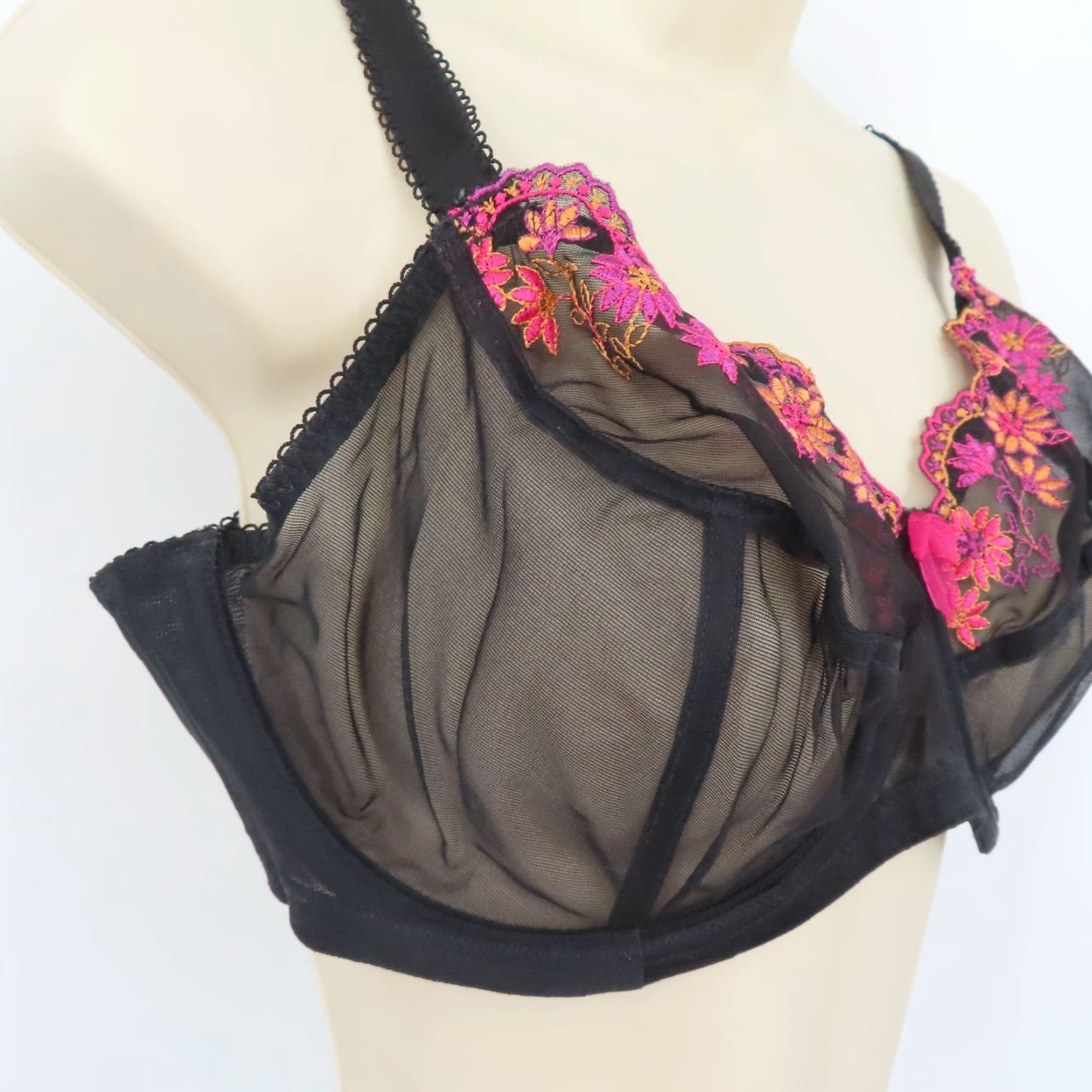 Vintage Goddess Bra 34G Black Flower Embroidered Bow Underwire T-Shirt Bra Womens 34G Size ONE SIZE - 2 Thumbnail