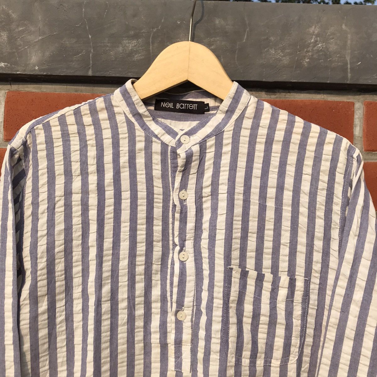 Neil Barrett × Vintage Neil Barrett Granddad blue Stripes long sleeves shirt m Size US L / EU 52-54 / 3 - 13 Thumbnail