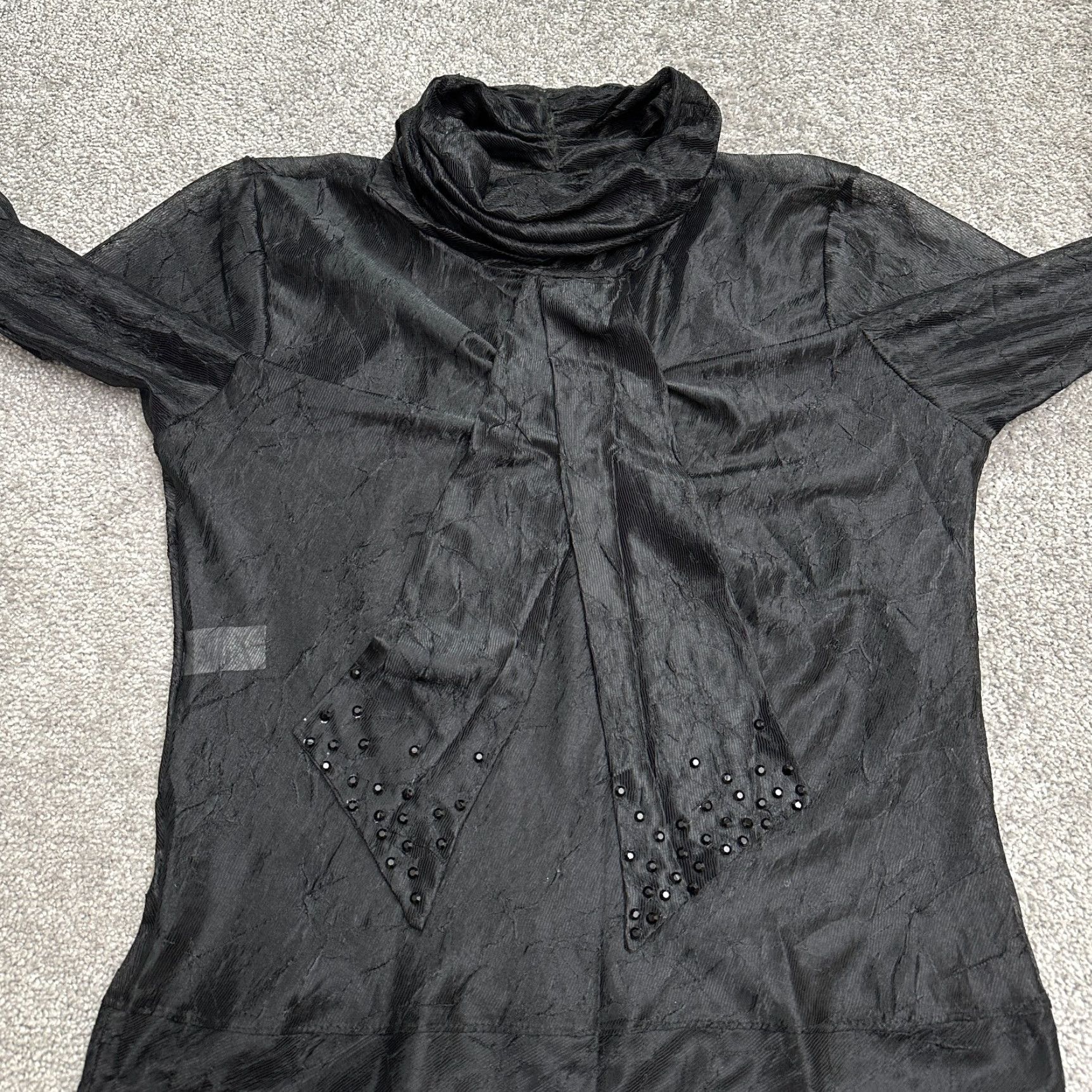 Vintage DM Confeccoes Sheer Blouse Women M Black Turtleneck Bow Lightweight Studded Dress Shirt Tunic Style Casual Sleeve Regular Chiffon Polyester Size M / US 6-8 / IT 42-44 - 3 Thumbnail