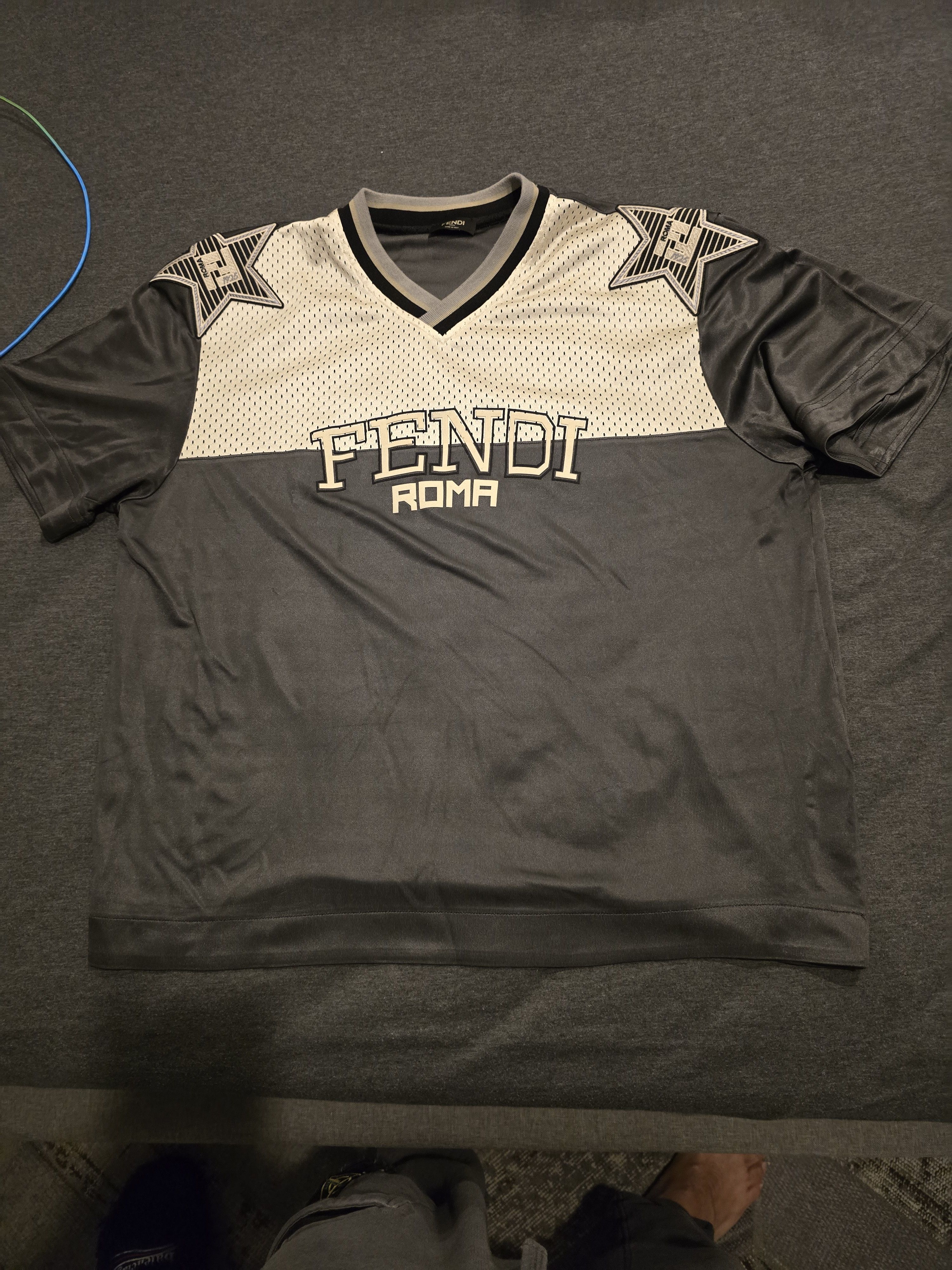 image of Fendi Ss21 Mesh Splicing Alphabet Short Sleeve Gray in Grey White, Men's (Size Medium)