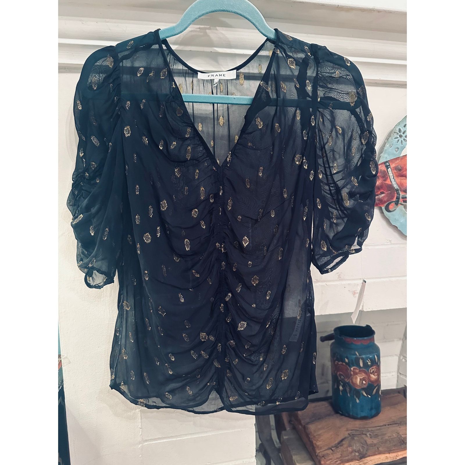 Frame FRAME $363 BLACK SHIRRED METALLIC JACQUARD KEYHOLE TOP S Size S / US 4 / IT 40 - 2 Thumbnail