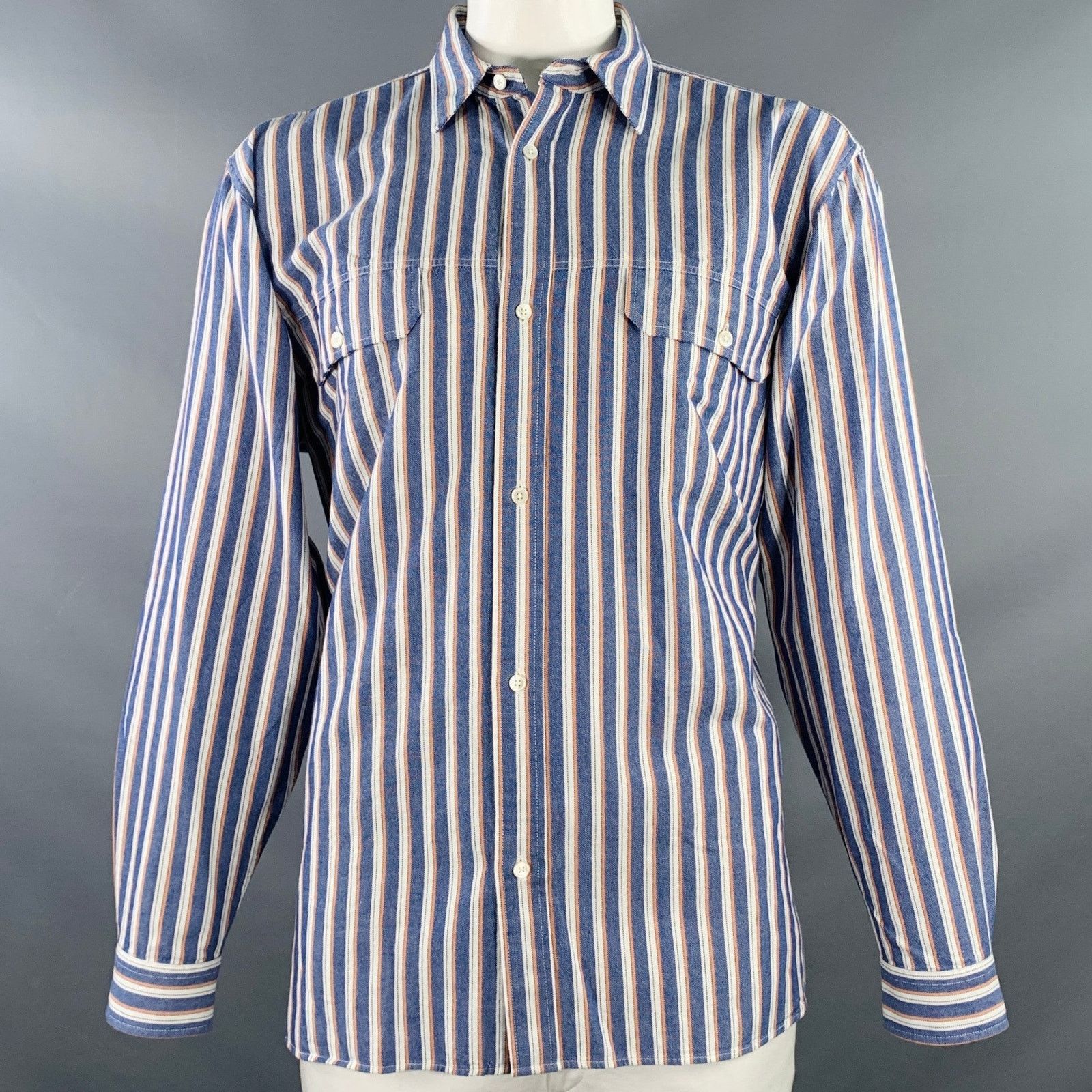 CLOSED Blue White Orange Stripe Cotton Two Pockets Shirt Size US XL / EU 56 / 4 - 1 Thumbnail